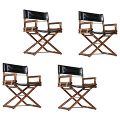 McGuire Director Chair X-Chair, Vintage Black Leather, Oak and Brass