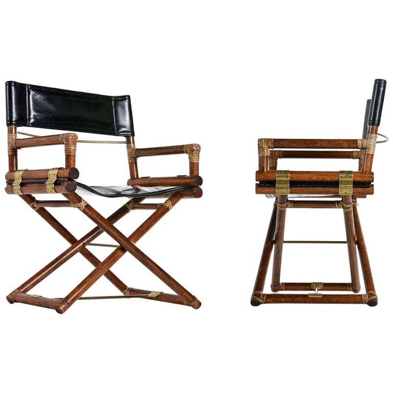 McGuire Director Chair X-Chair, Vintage Black Leather, Oak and Brass at  1stDibs