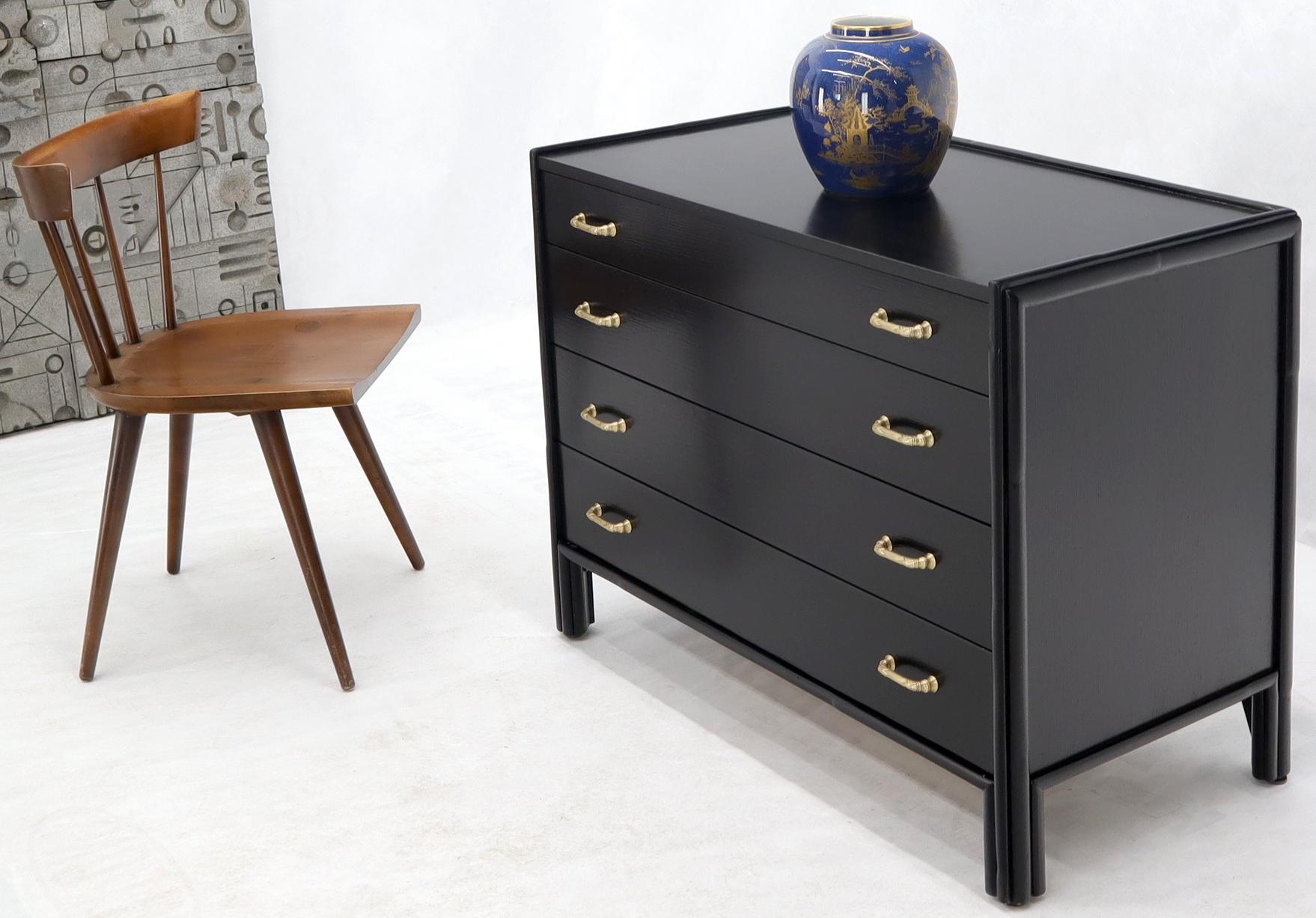 Mid-Century Modern black lacquer brass pulls 4 drawers dresser bachelor chest hall credenza.