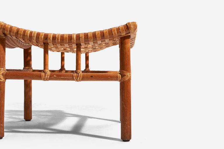 American McGuire Furniture, Bench, Bamboo, Leather, Rattan, USA, 1970s For Sale