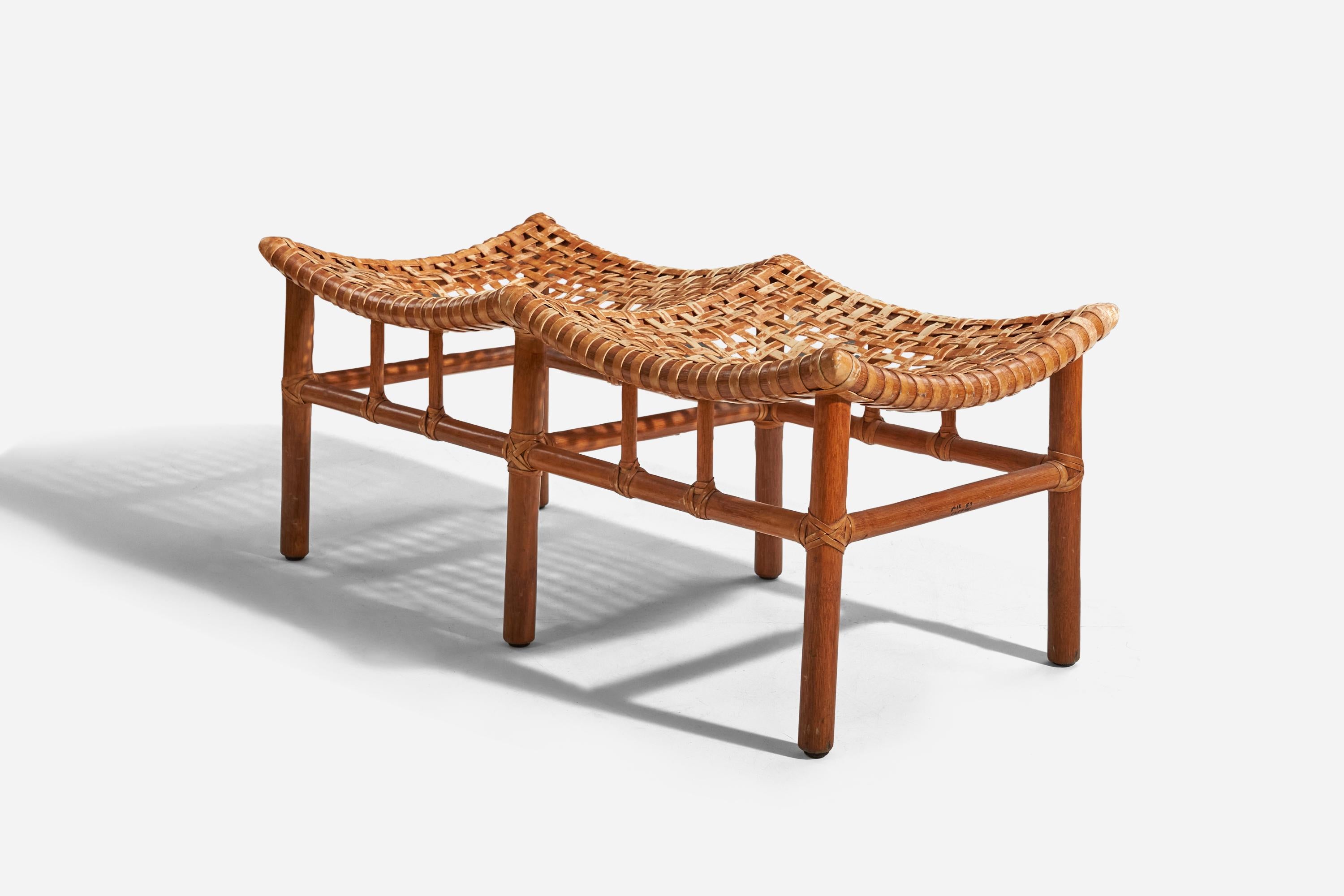 American McGuire Furniture, Bench, Bamboo, Leather, Rattan, USA, 1970s