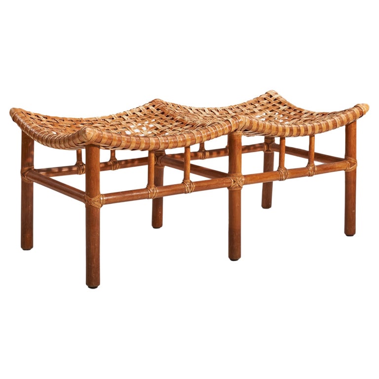 McGuire Furniture, Bench, Bamboo, Leather, Rattan, USA, 1970s For Sale