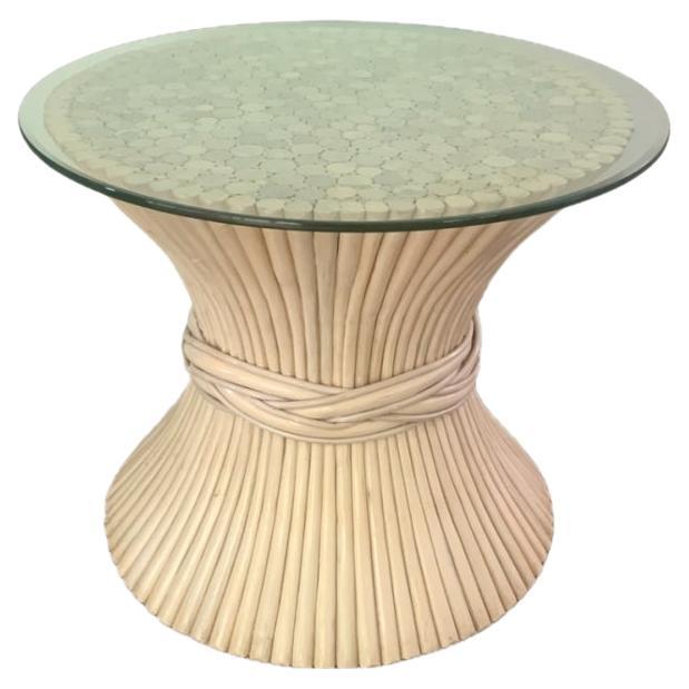 McGuire Furniture Wheat Sheaf Rattan Glass Top Side Table For Sale