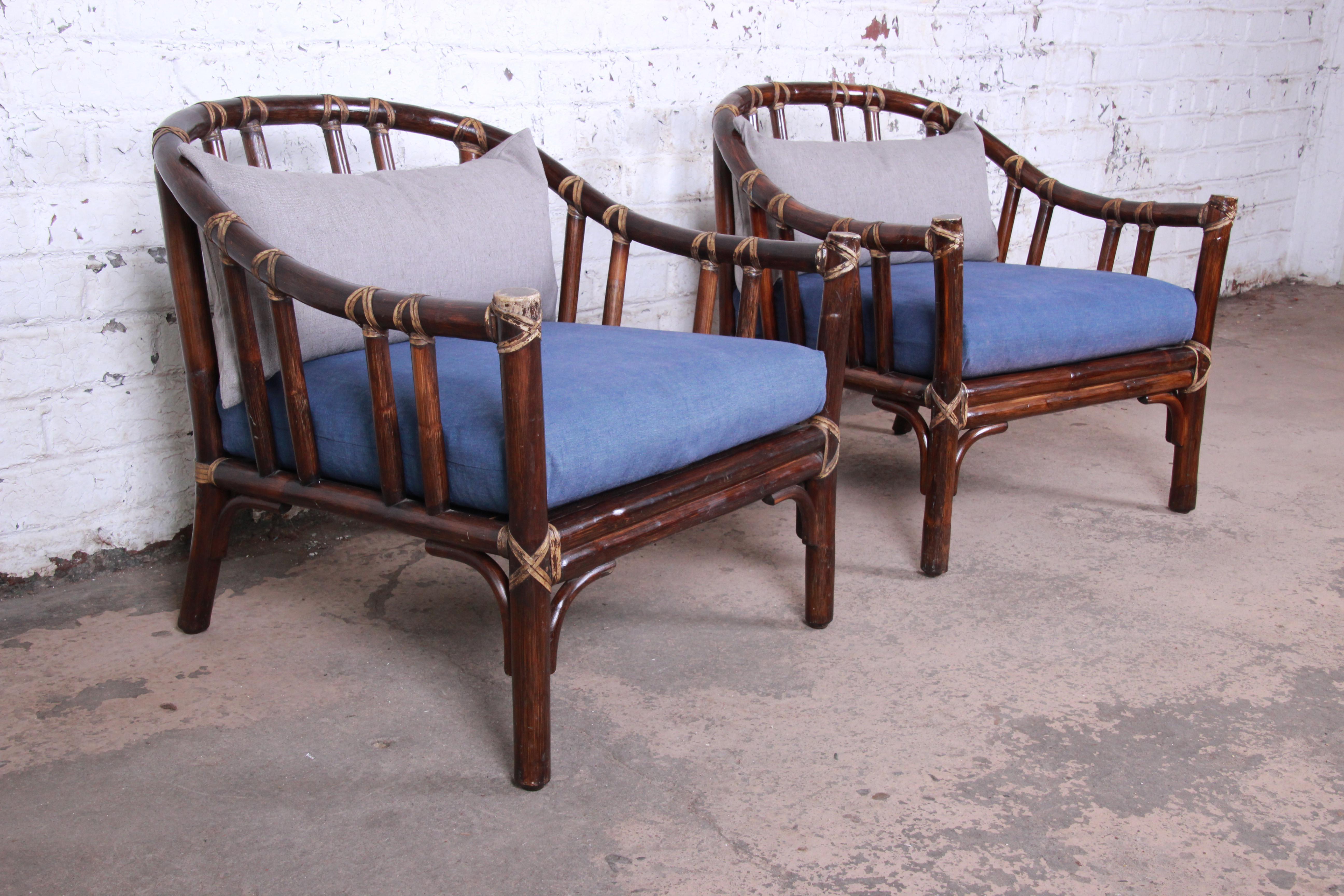 American McGuire Hollywood Regency Mid-Century Modern Bent Rattan Lounge Chairs, Pair