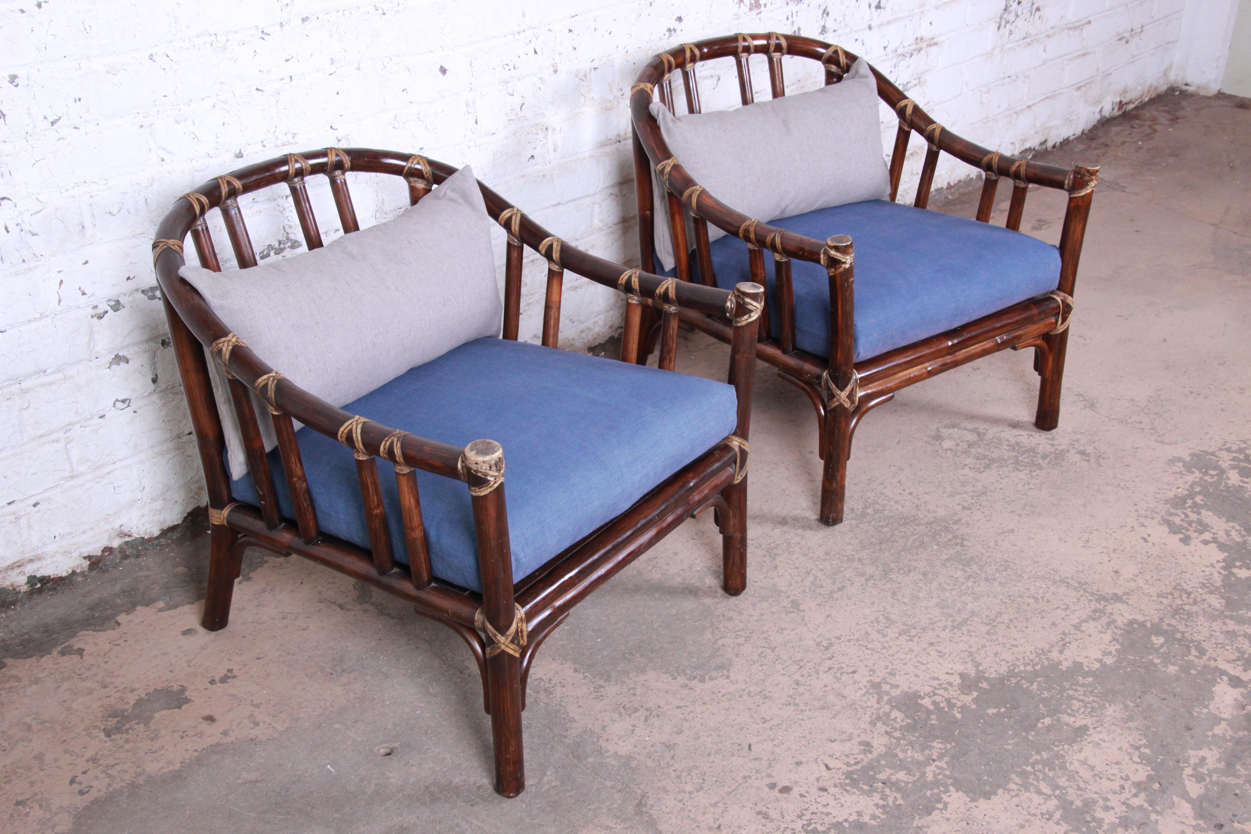 McGuire Hollywood Regency Mid-Century Modern Bent Rattan Lounge Chairs, Pair In Good Condition In South Bend, IN