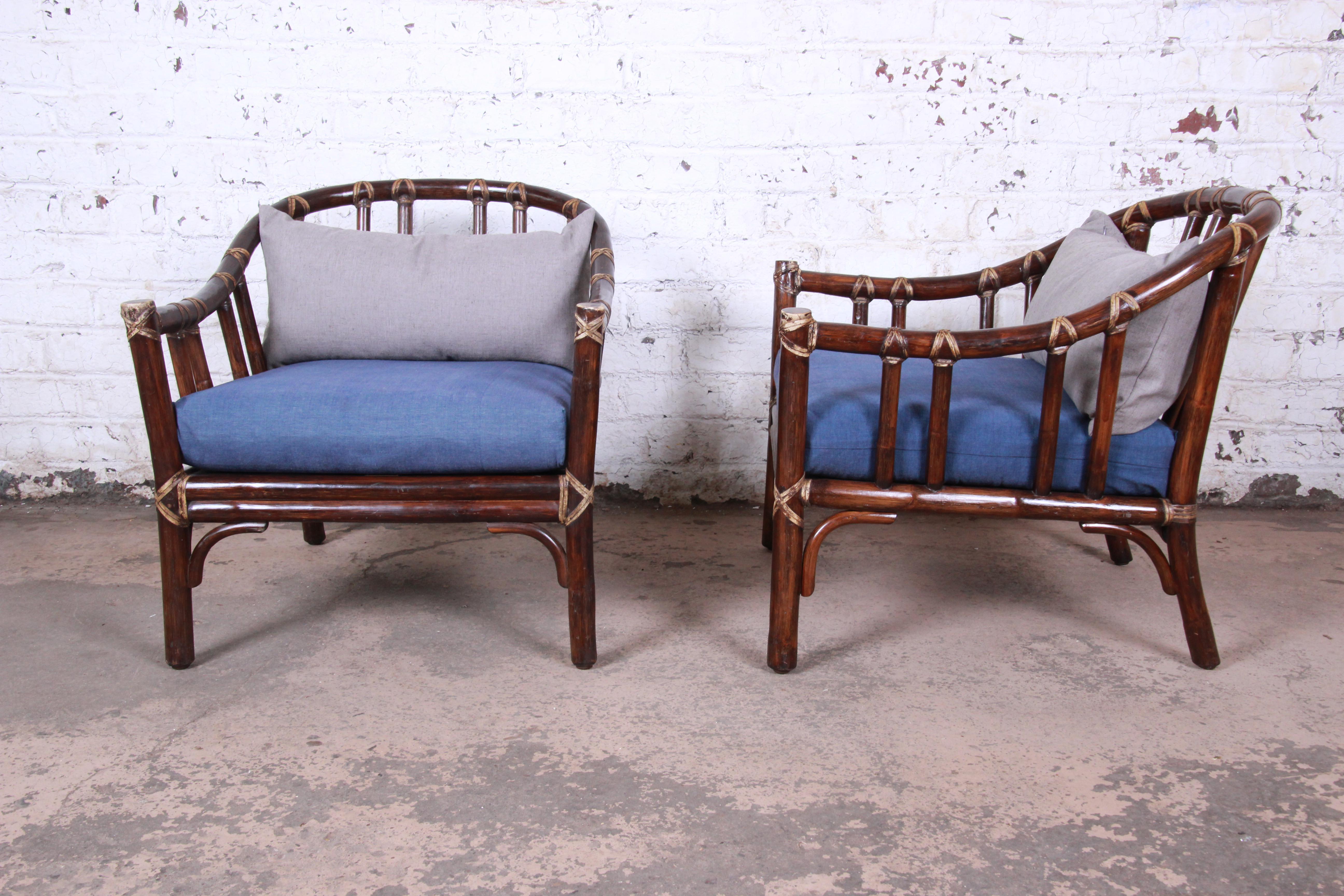 Late 20th Century McGuire Hollywood Regency Mid-Century Modern Bent Rattan Lounge Chairs, Pair