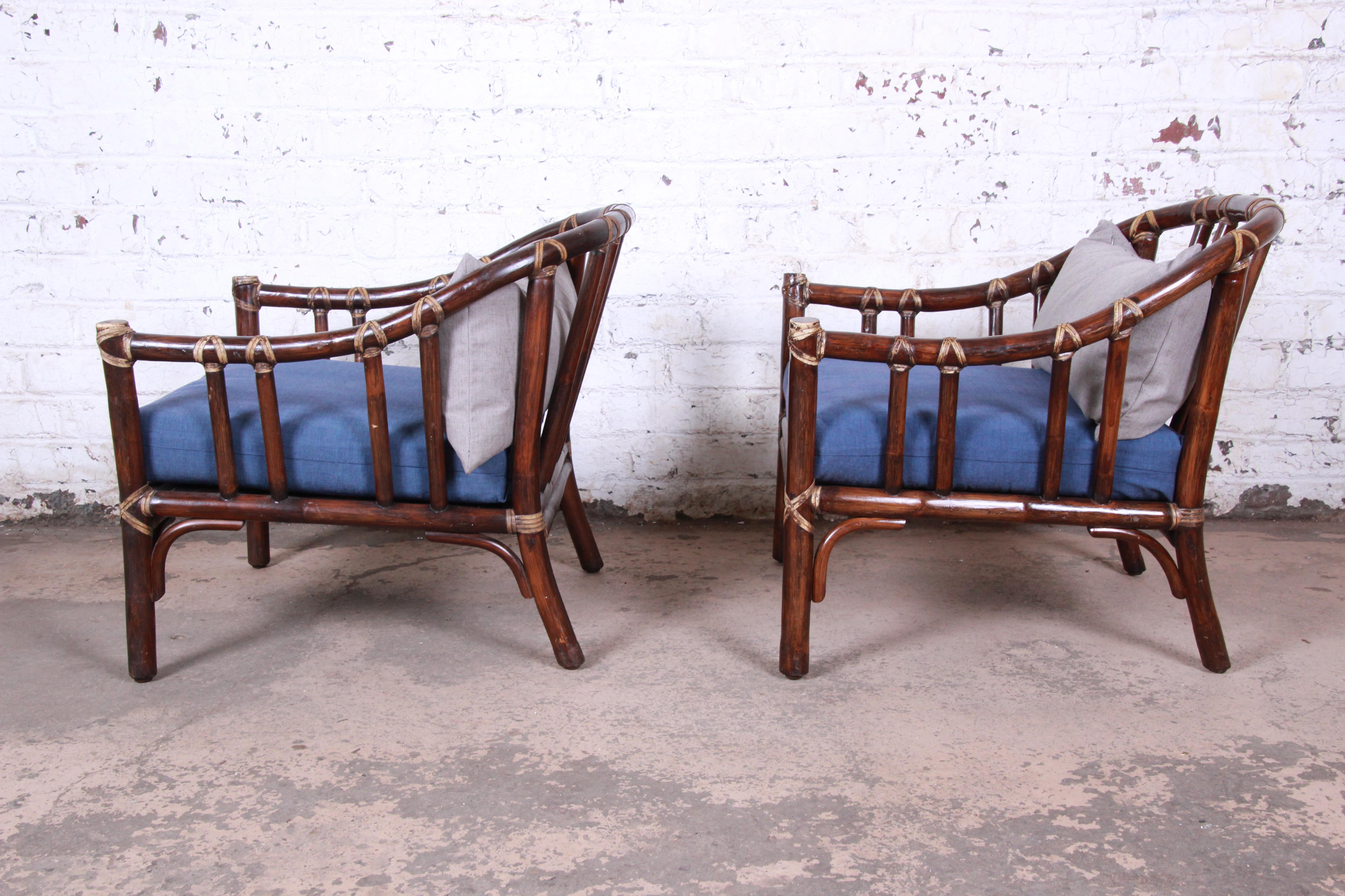 Upholstery McGuire Hollywood Regency Mid-Century Modern Bent Rattan Lounge Chairs, Pair