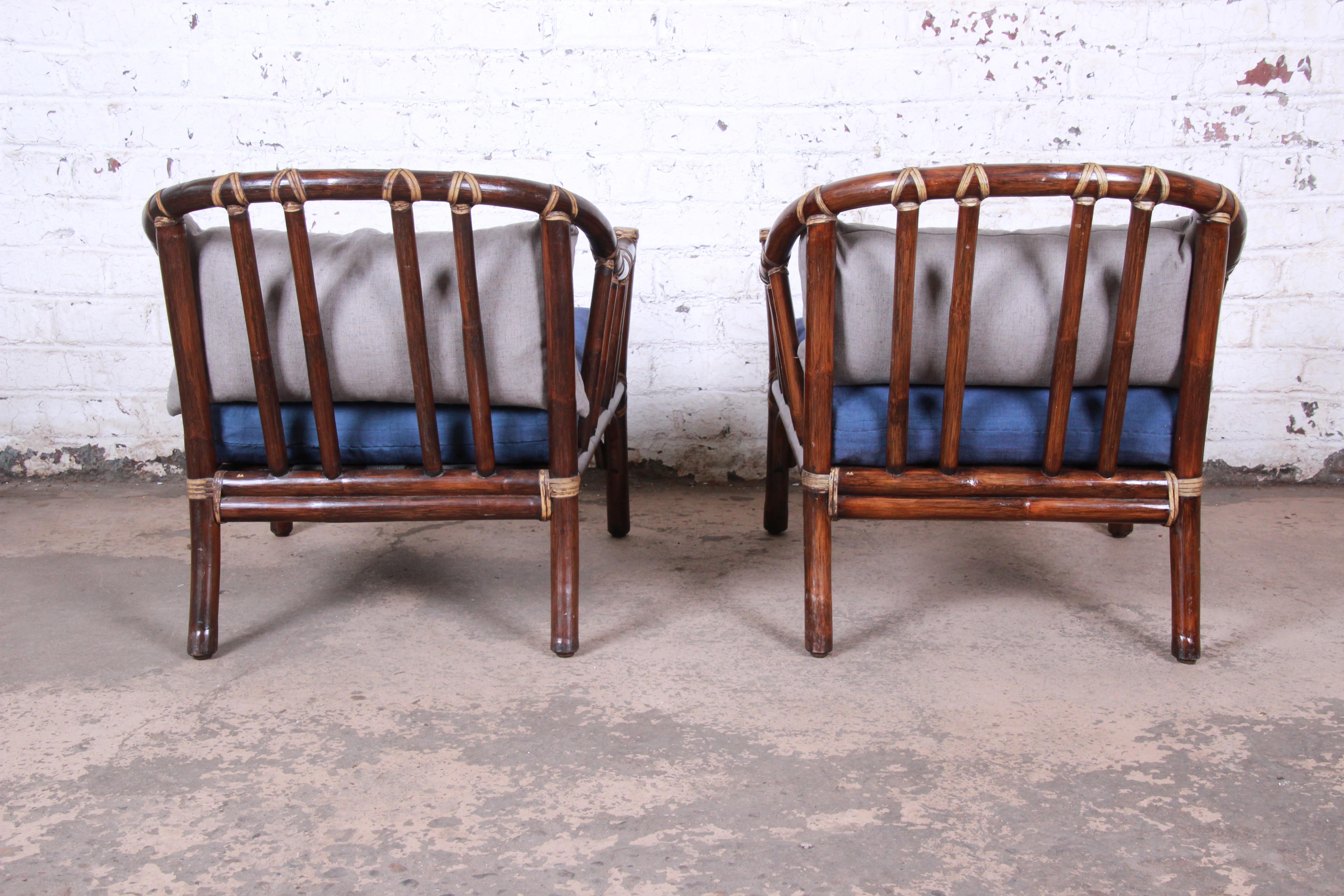 McGuire Hollywood Regency Mid-Century Modern Bent Rattan Lounge Chairs, Pair 1