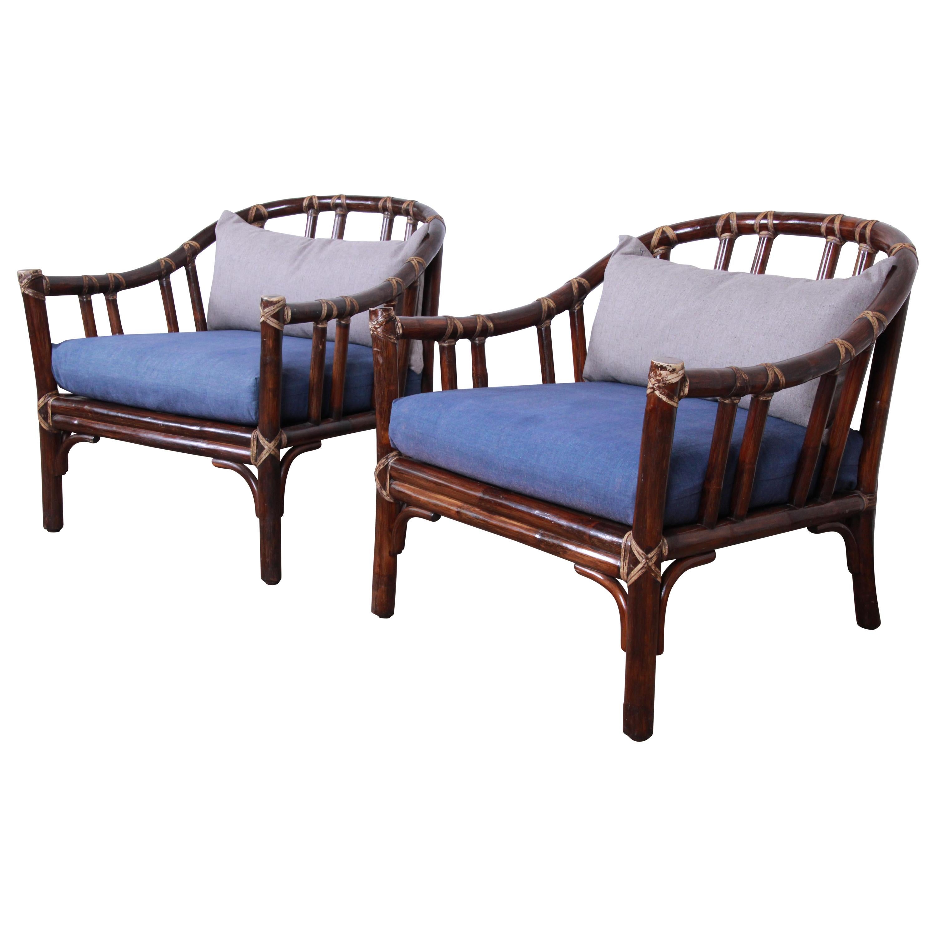 McGuire Hollywood Regency Mid-Century Modern Bent Rattan Lounge Chairs, Pair