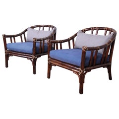 McGuire Hollywood Regency Mid-Century Modern Bent Rattan Lounge Chairs, Pair