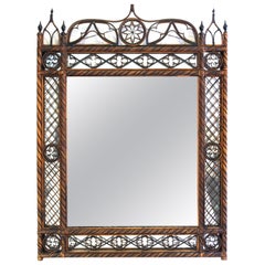 Retro McGuire Hollywood Regency Mirror in Rattan with Gothic Accents