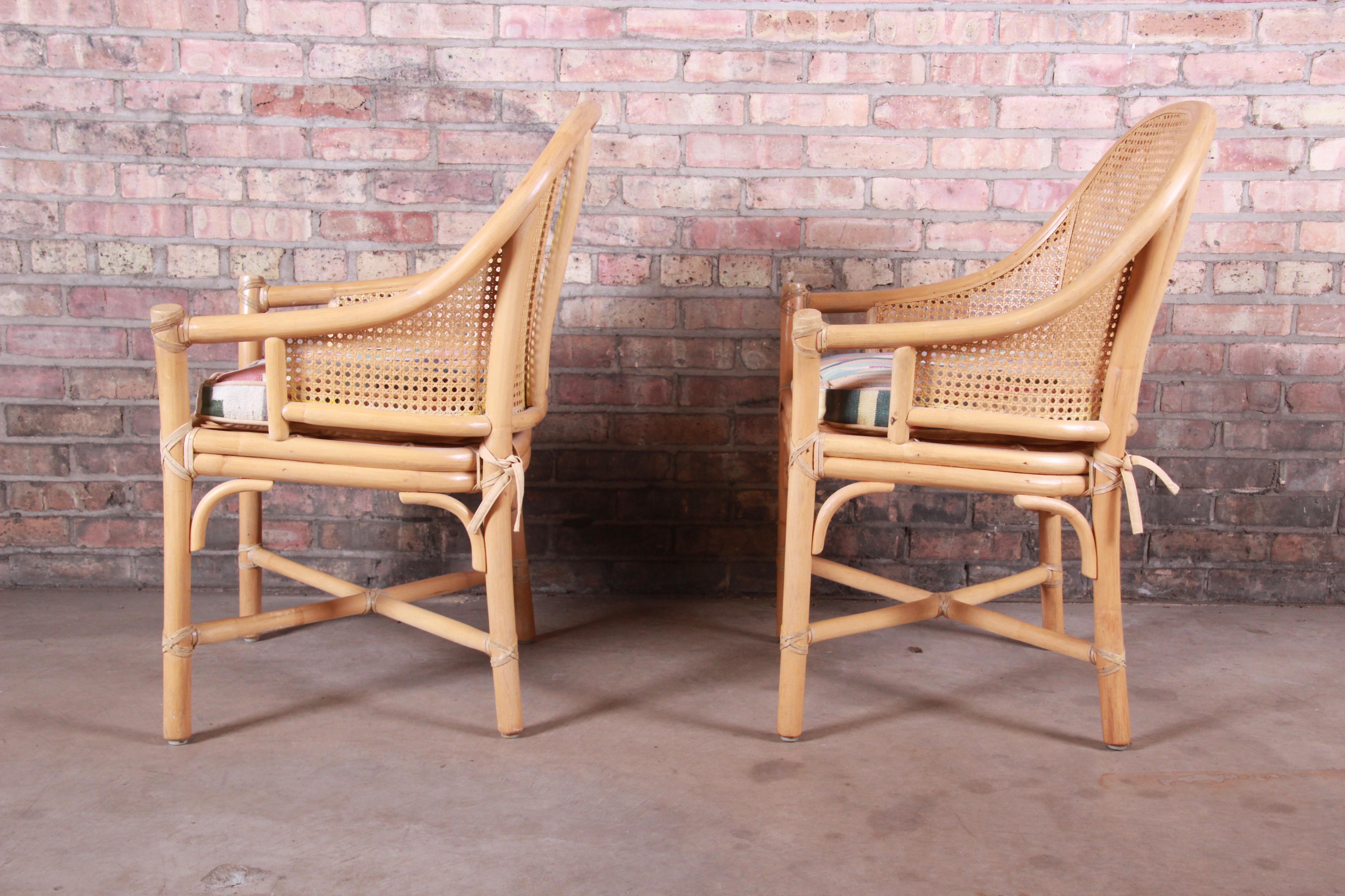 Upholstery McGuire Hollywood Regency Organic Modern Bamboo and Cane Club Chairs, Pair