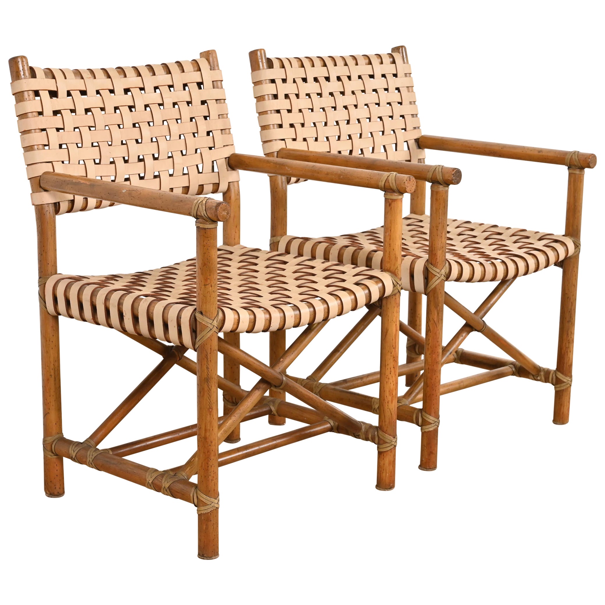 Fauteuils club McGuire Hollywood Regency modernes et organiques en bambou et cuir tissé