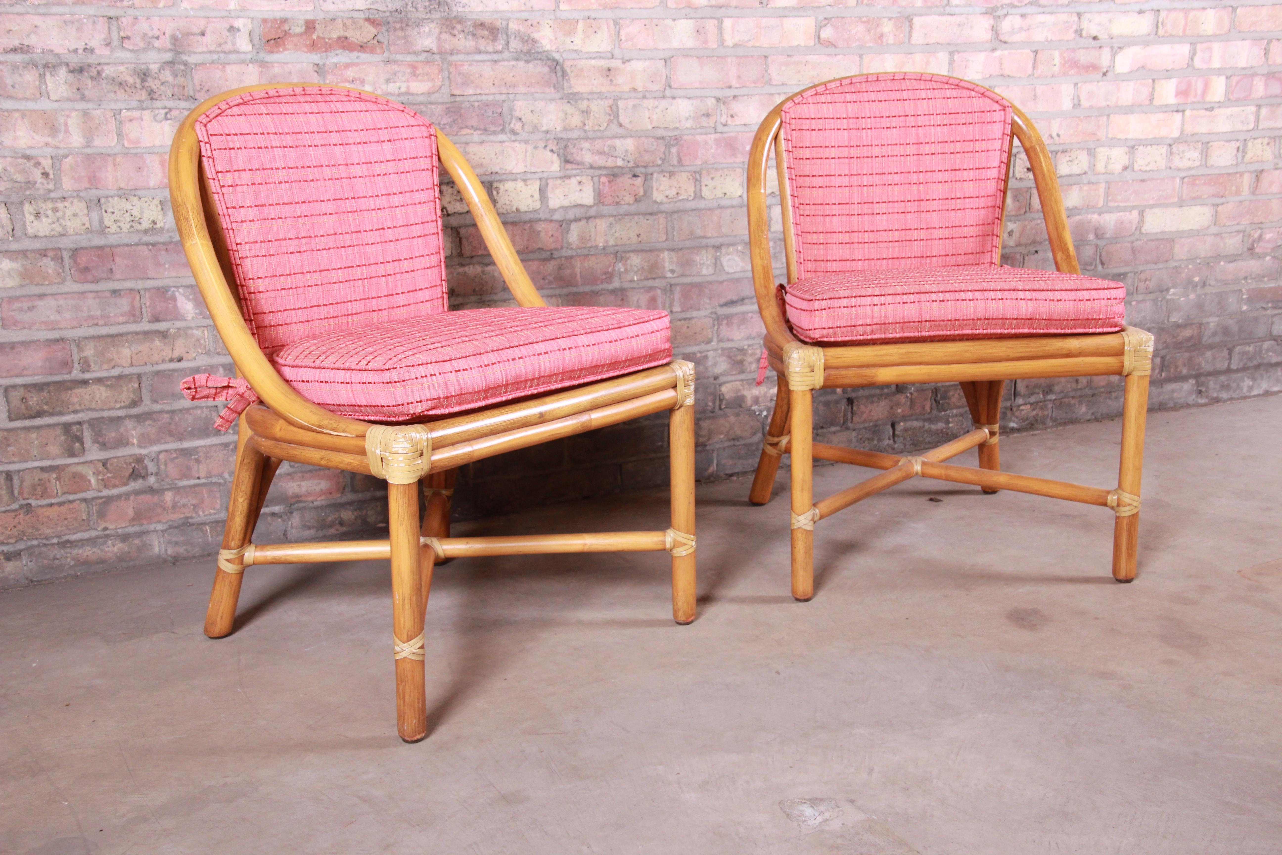 McGuire Hollywood Regency Organic Modern Bamboo Rattan Slipper Chairs, Pair In Good Condition In South Bend, IN