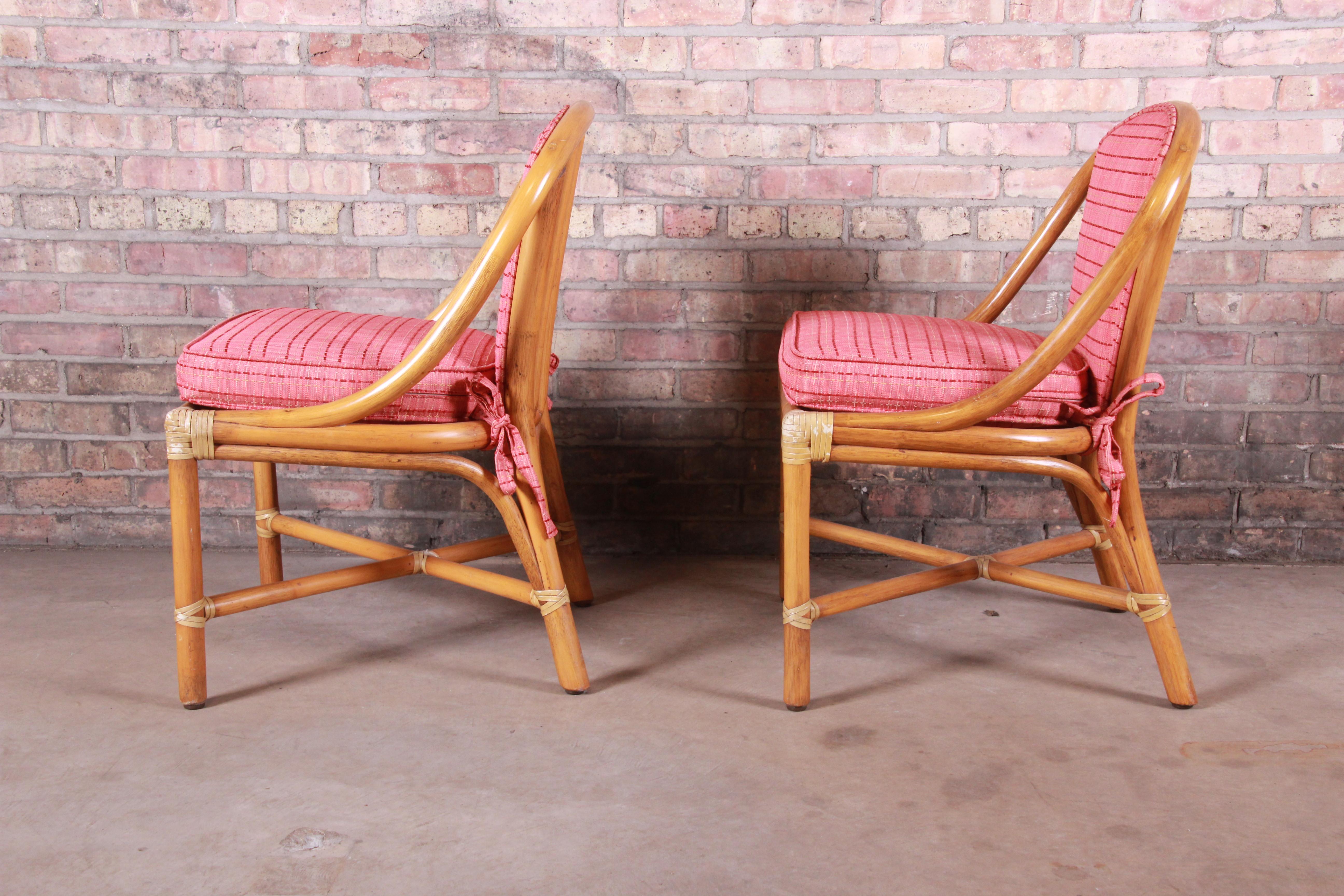 Leather McGuire Hollywood Regency Organic Modern Bamboo Rattan Slipper Chairs, Pair