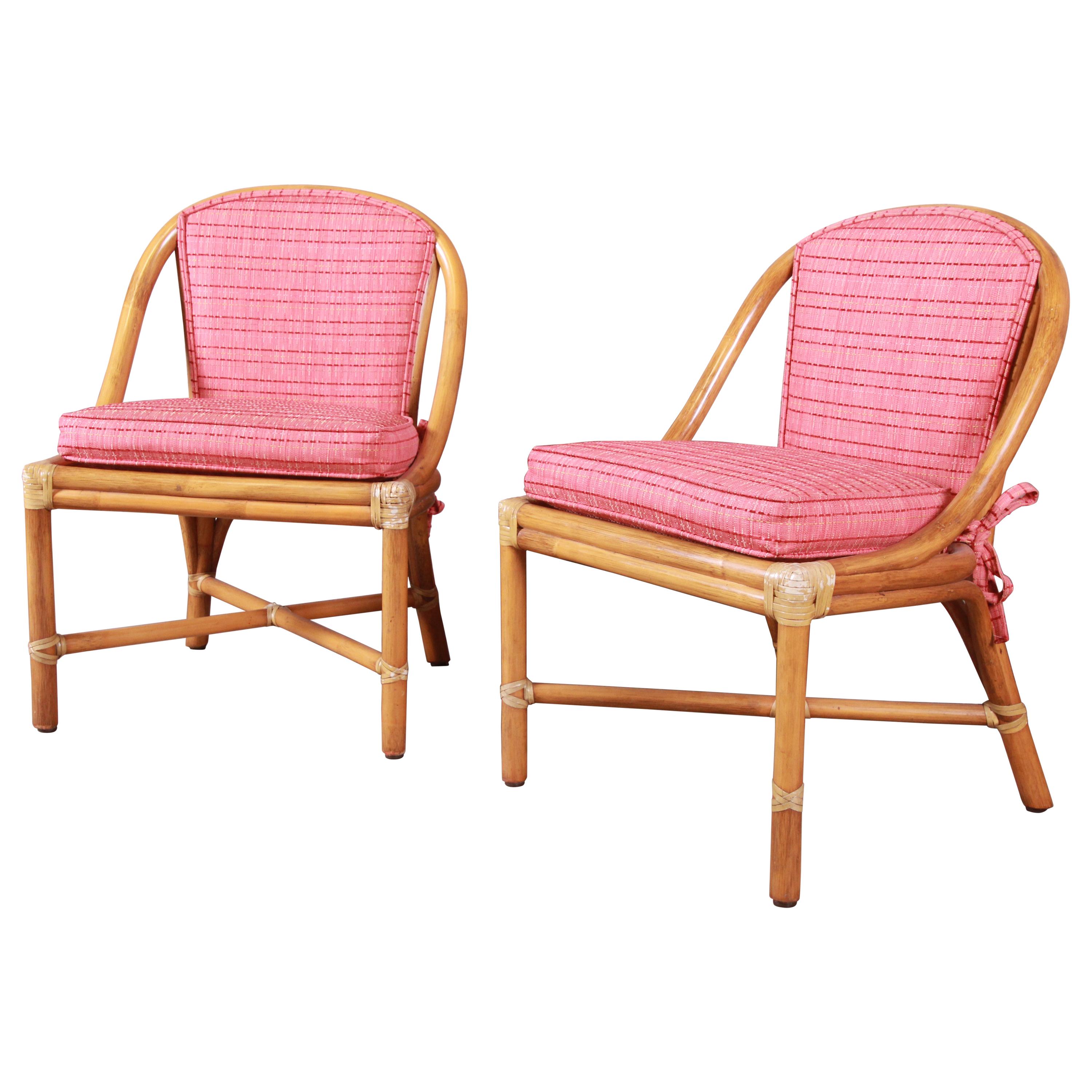 McGuire Hollywood Regency Organic Modern Bamboo Rattan Slipper Chairs, Pair