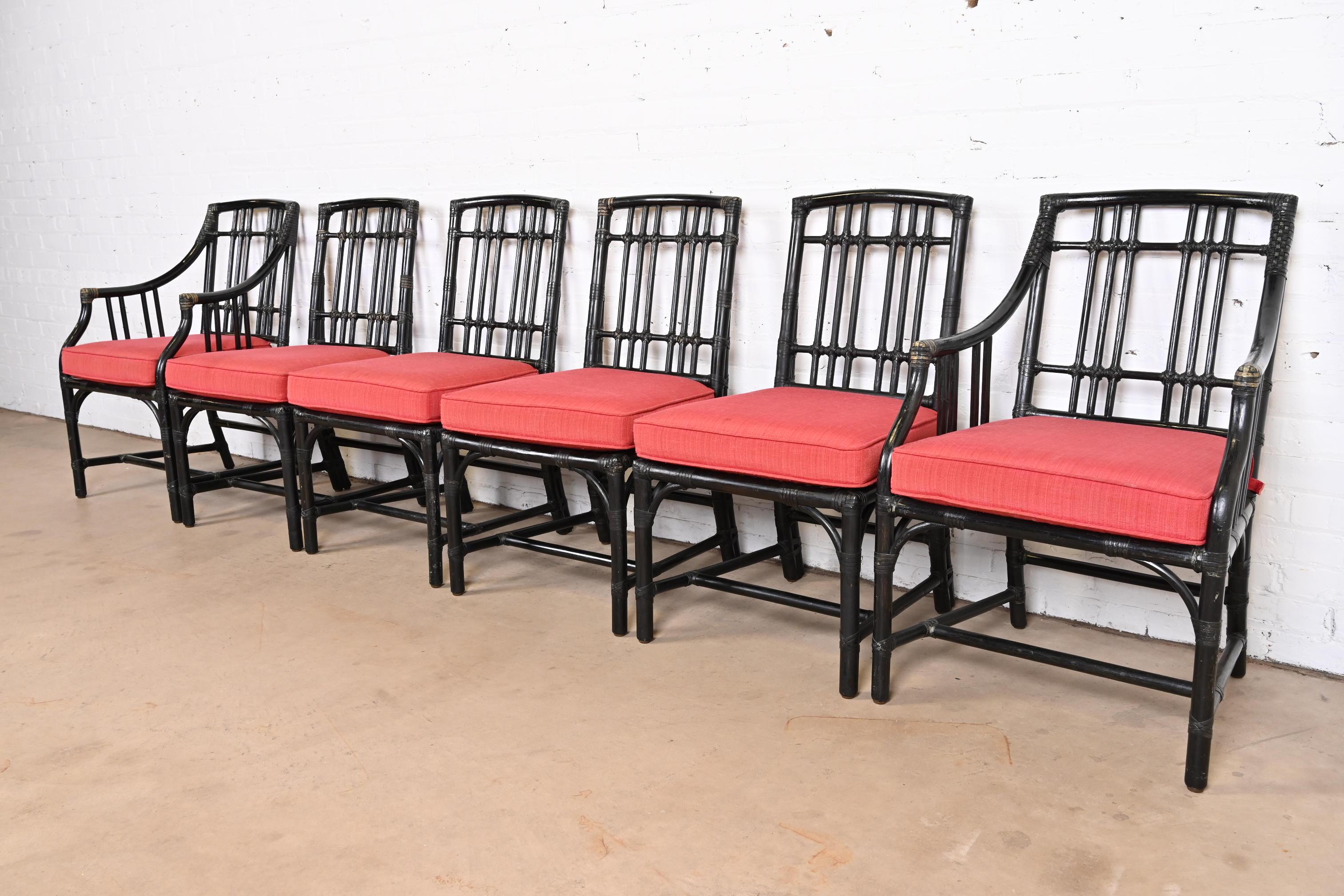 American McGuire Hollywood Regency Organic Modern Ebonized Bamboo Rattan Dining Chairs