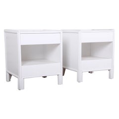 McGuire Hollywood Regency White Lacquered Rattan Nightstands, Newly Restored