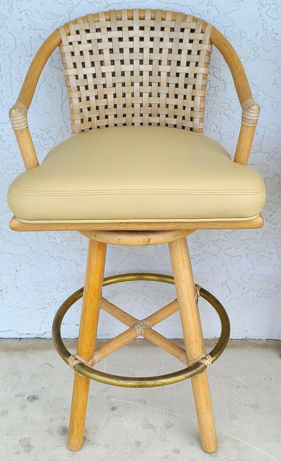 McGuire Laced Leather Cerused Rattan Swivel Barstools - Set of 2 In Good Condition In Lake Worth, FL