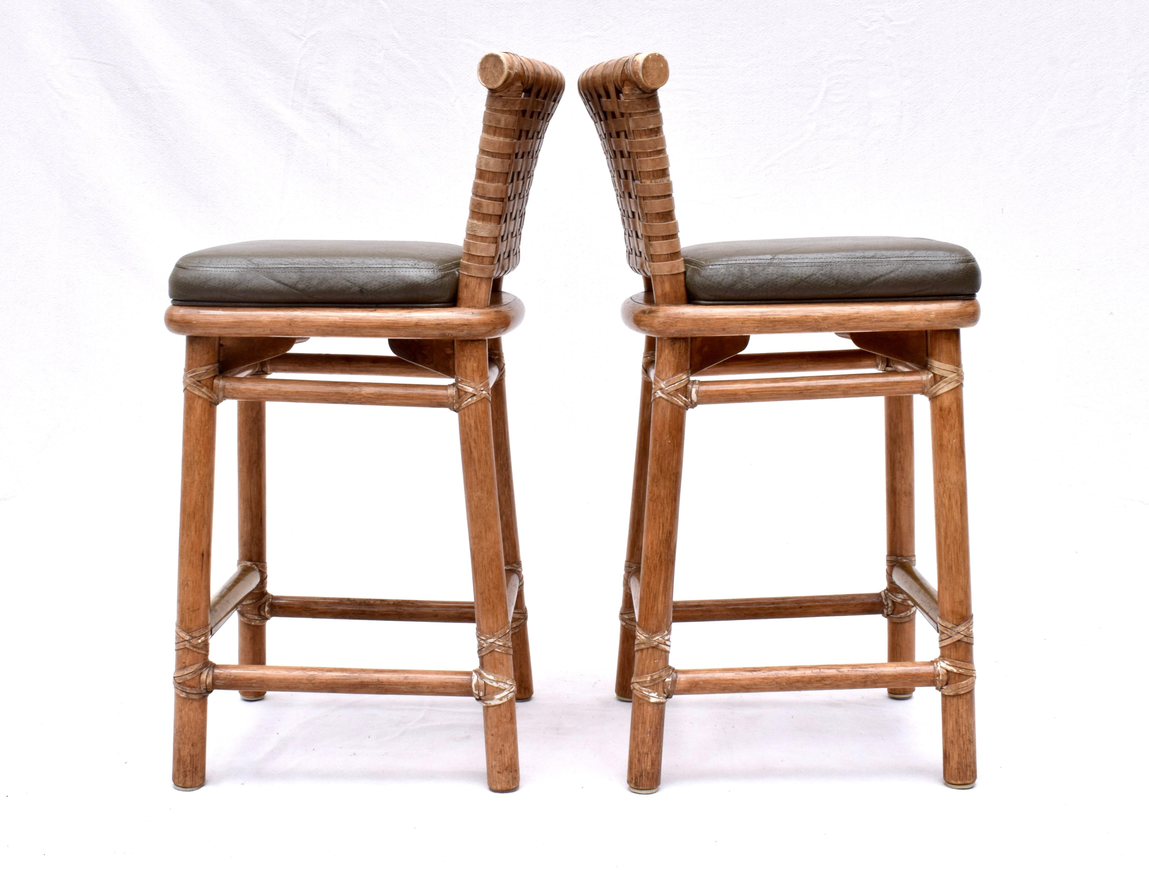 Organic Modern McGuire Laced Leather & Solid Oak Barstools, Pair For Sale