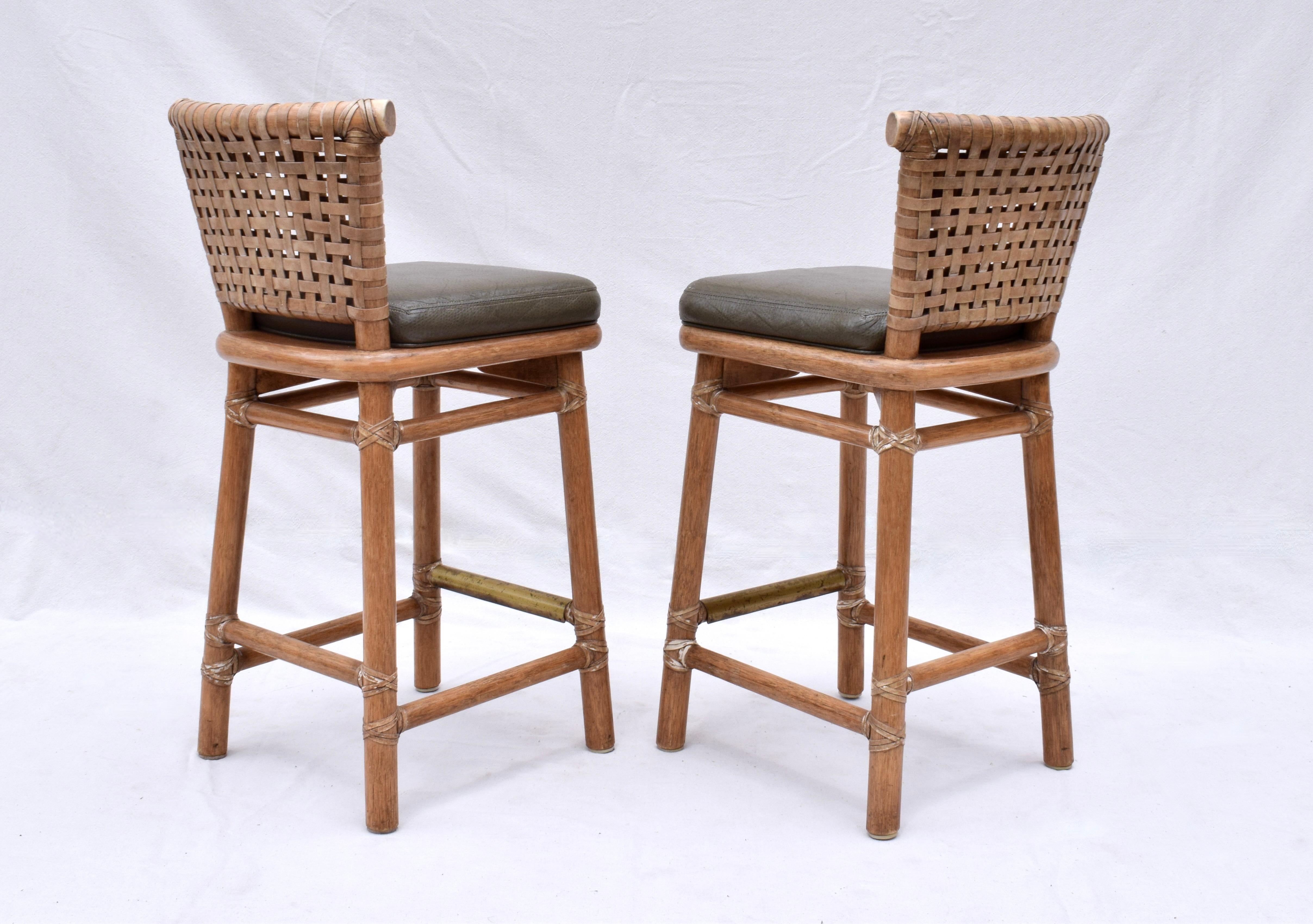 McGuire Laced Leather & Solid Oak Barstools, Pair In Good Condition For Sale In Southampton, NJ