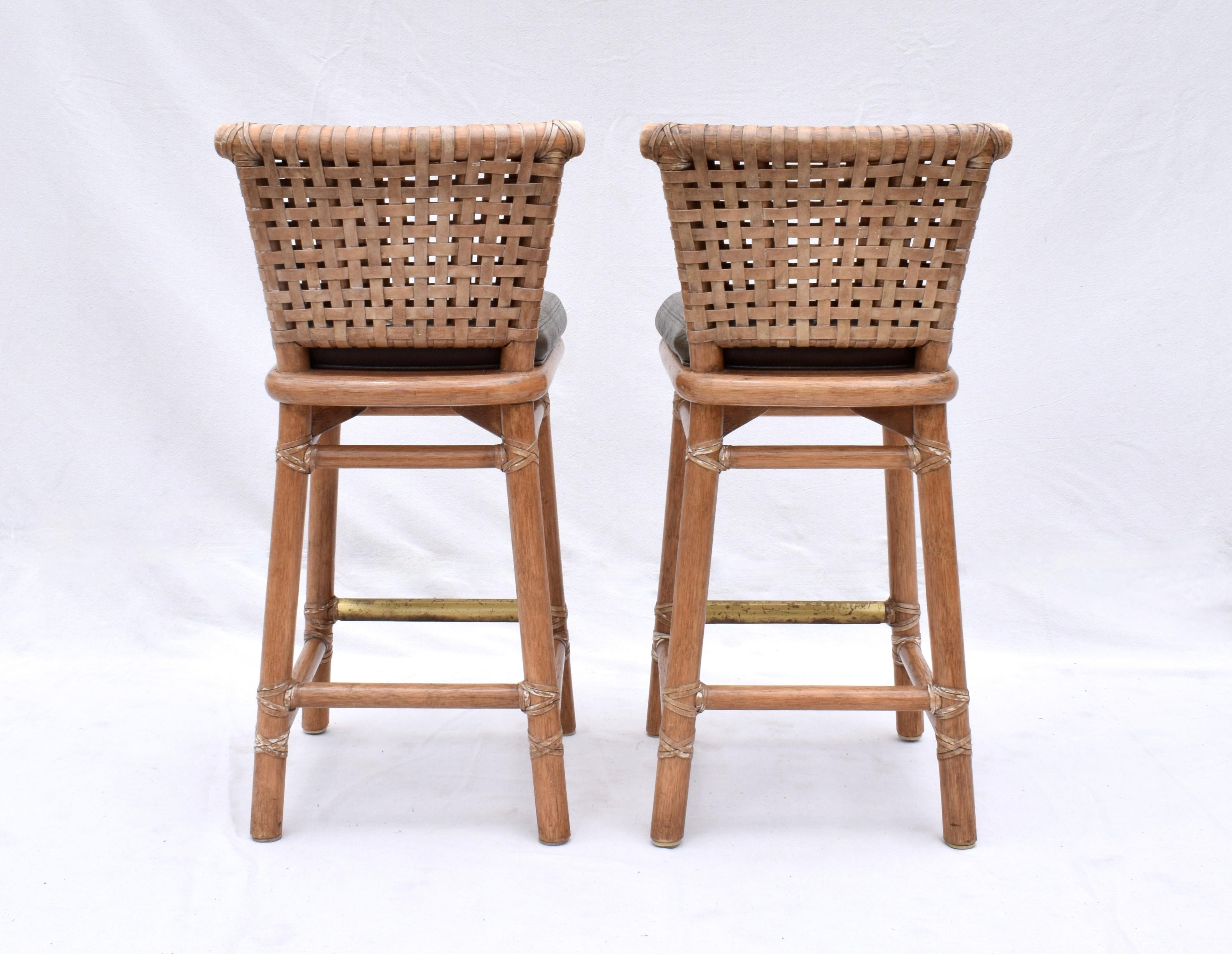 Late 20th Century McGuire Laced Leather & Solid Oak Barstools, Pair For Sale