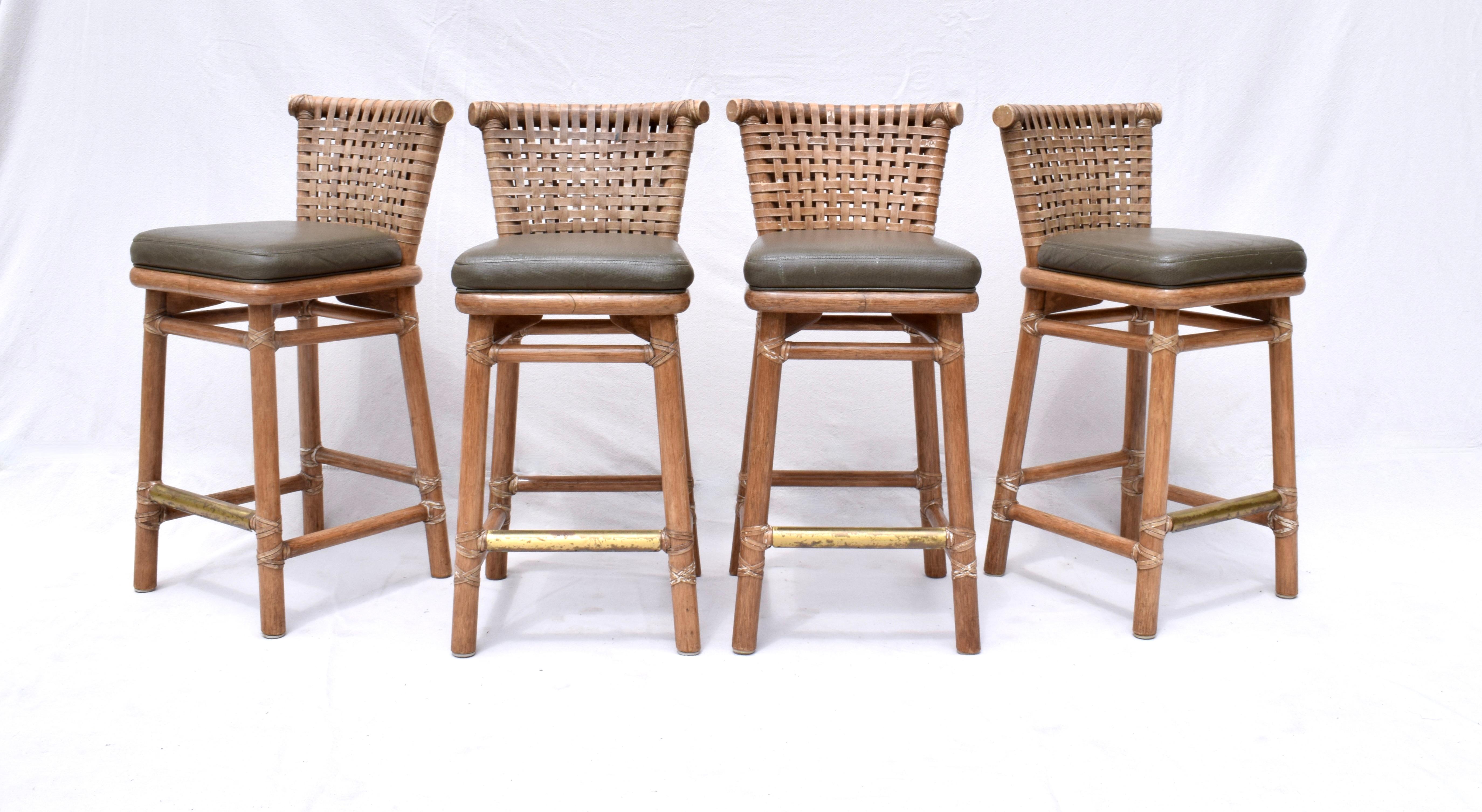 Brass McGuire Laced Leather & Solid Oak Barstools, Pair For Sale