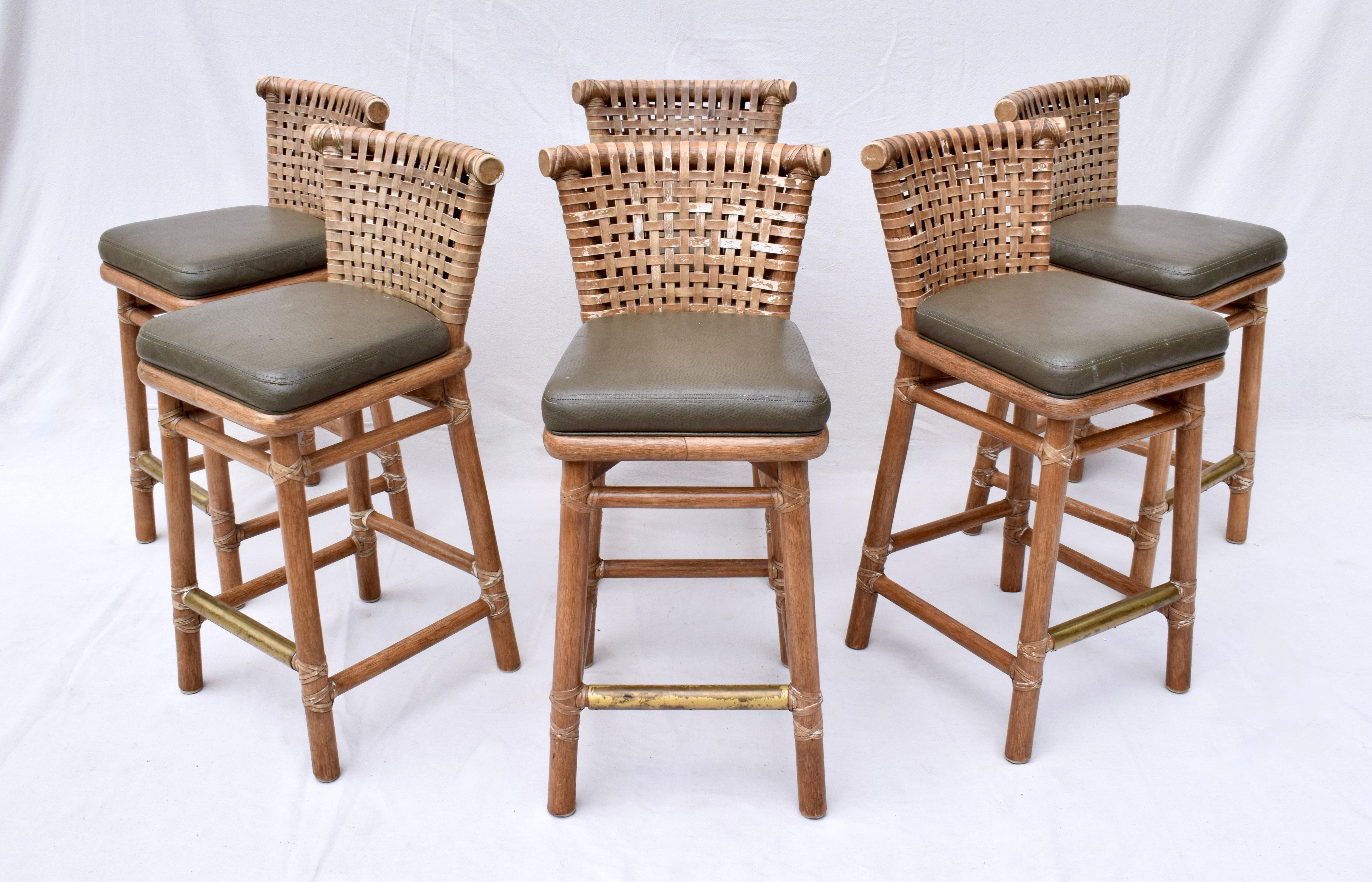 Brass McGuire Laced Leather & Solid Oak Barstools, Pair
