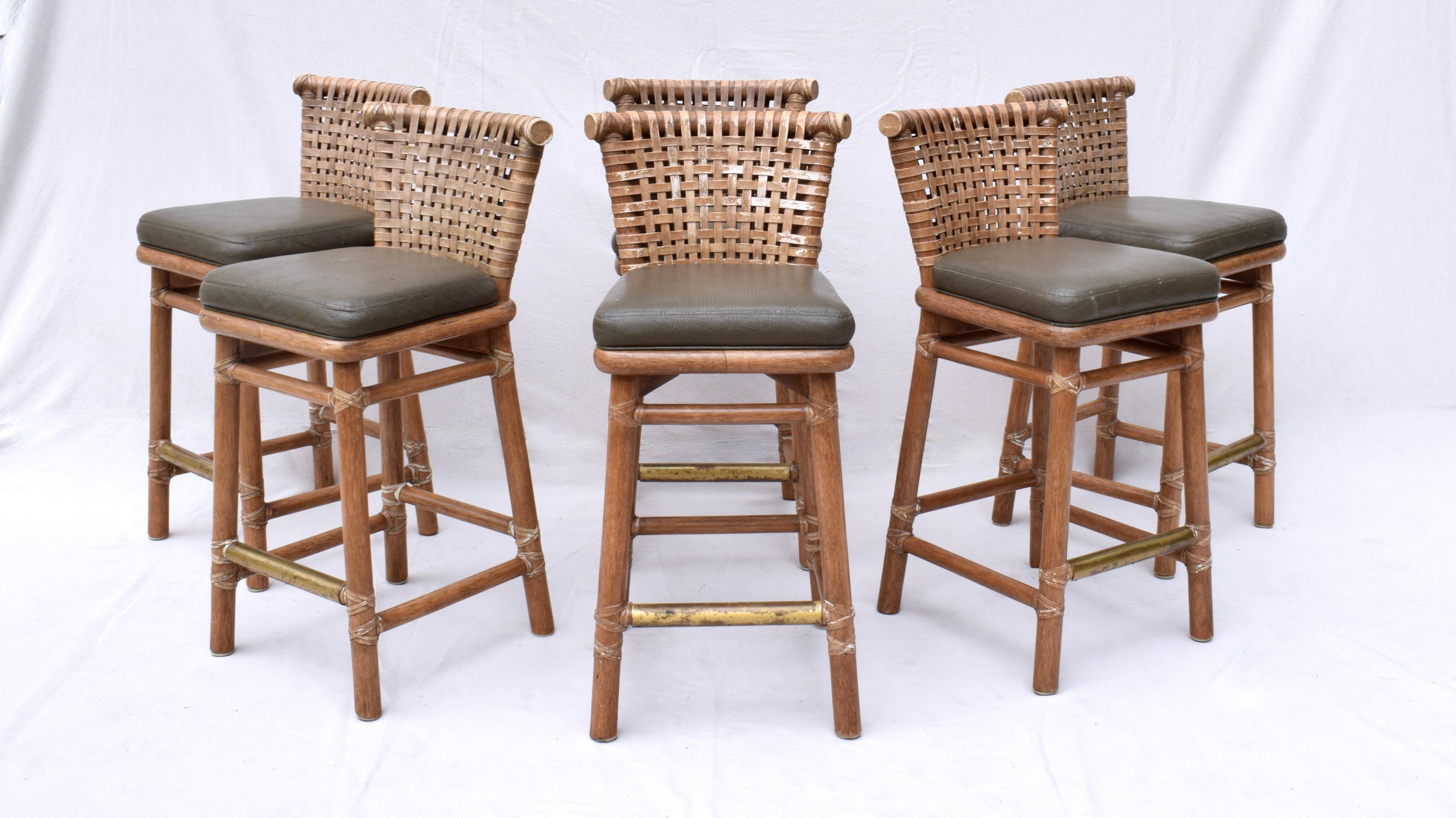 McGuire Laced Leather & Solid Oak Barstools, Pair For Sale 2