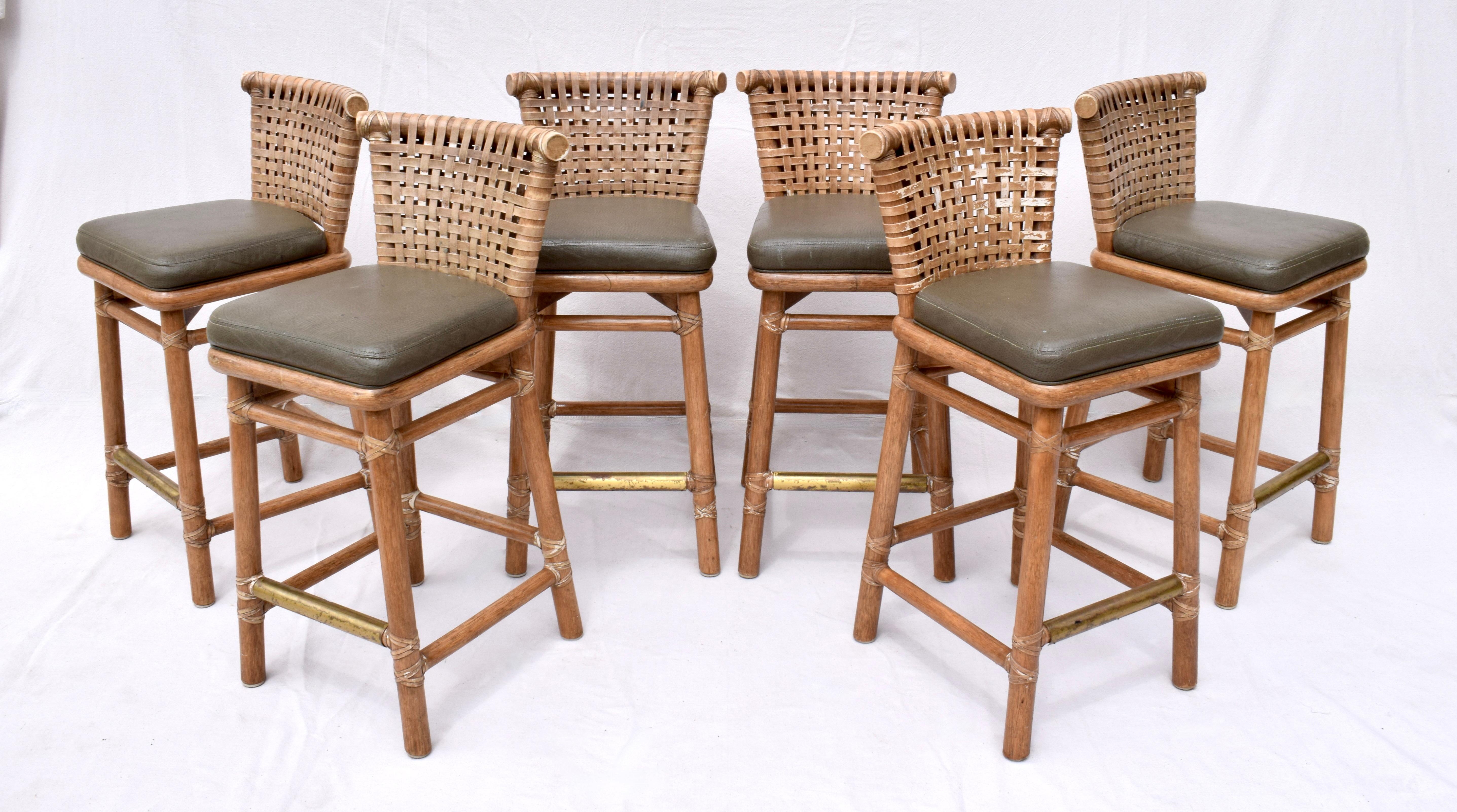 McGuire Laced Leather & Solid Oak Barstools, Pair For Sale 3