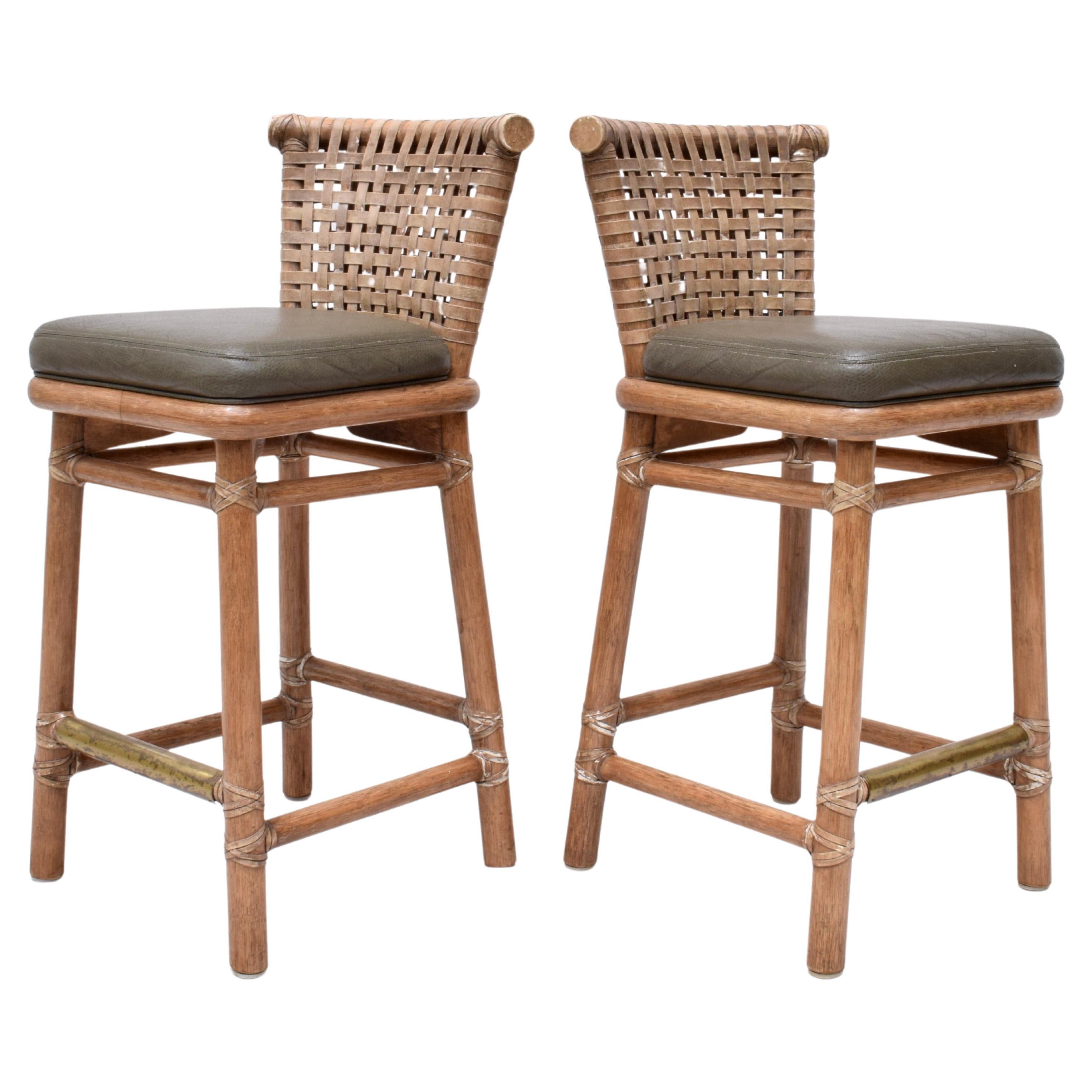 McGuire Laced Leather & Solid Oak Barstools, Pair