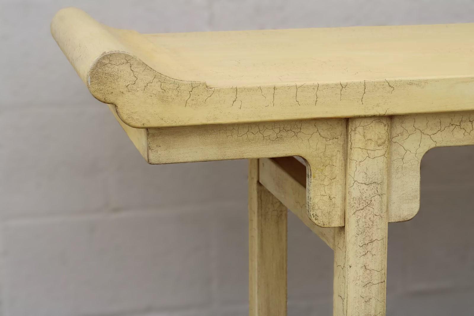Monumental McGuire altar table with ivory crackle finish. This altar table is McGuire’s interpretation of classic Chinese design. The Ming-inspired table has a hardwood frame that was handcrafted in McGuire's San Francisco cabinet shop. Table is