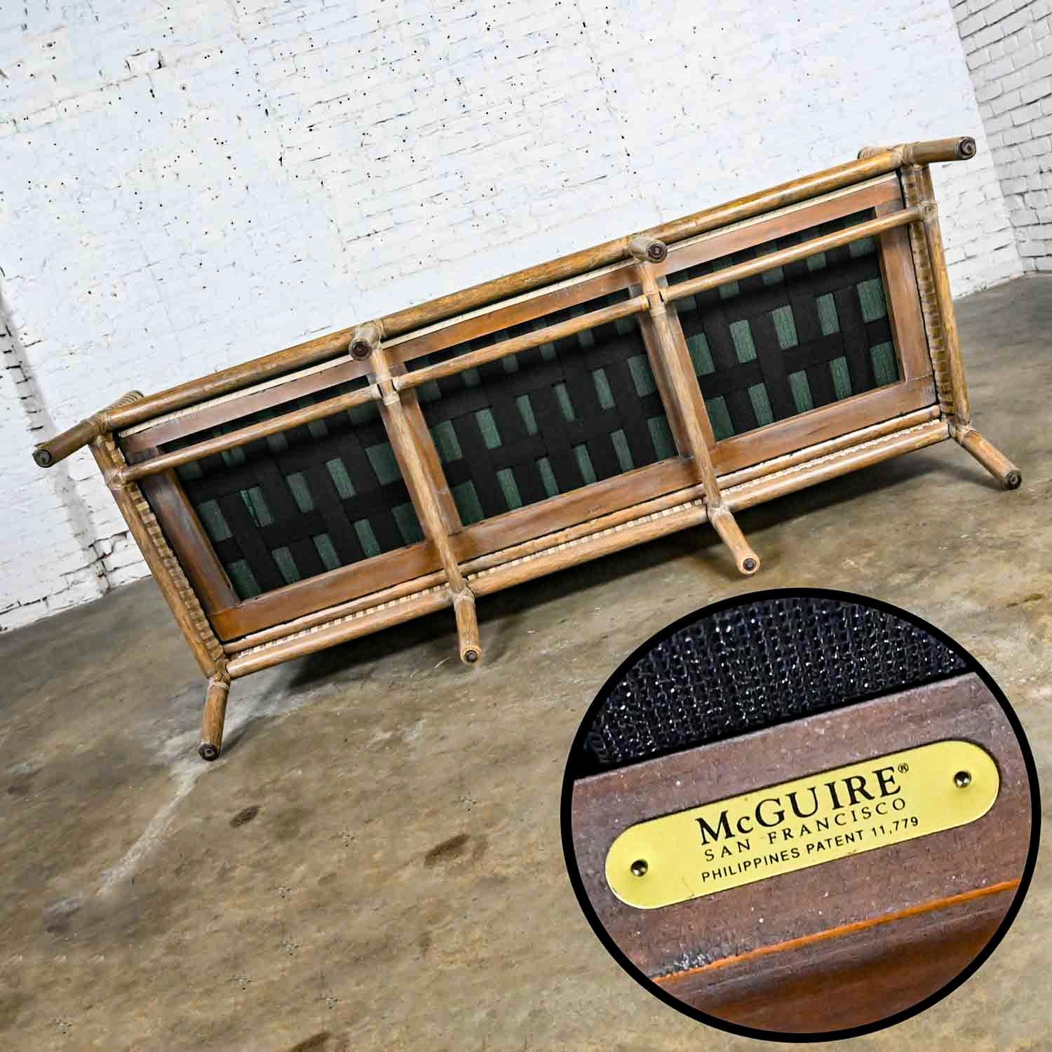McGuire Late 20th Modern Rattan Woven Rawhide Green Chenille Cushion Sofa Settee For Sale 1