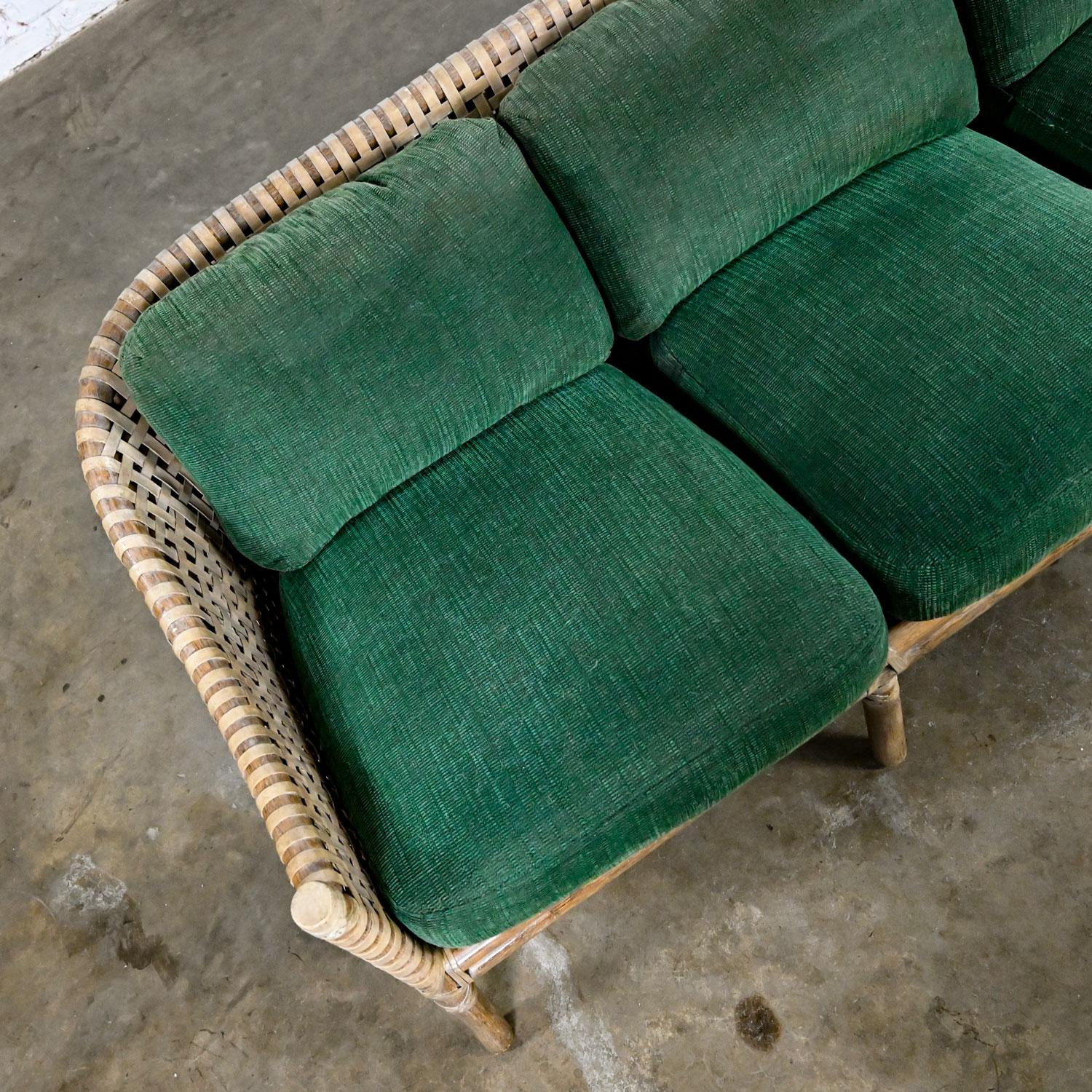 McGuire Late 20th Modern Rattan Woven Rawhide Green Chenille Cushion Sofa Settee For Sale 2