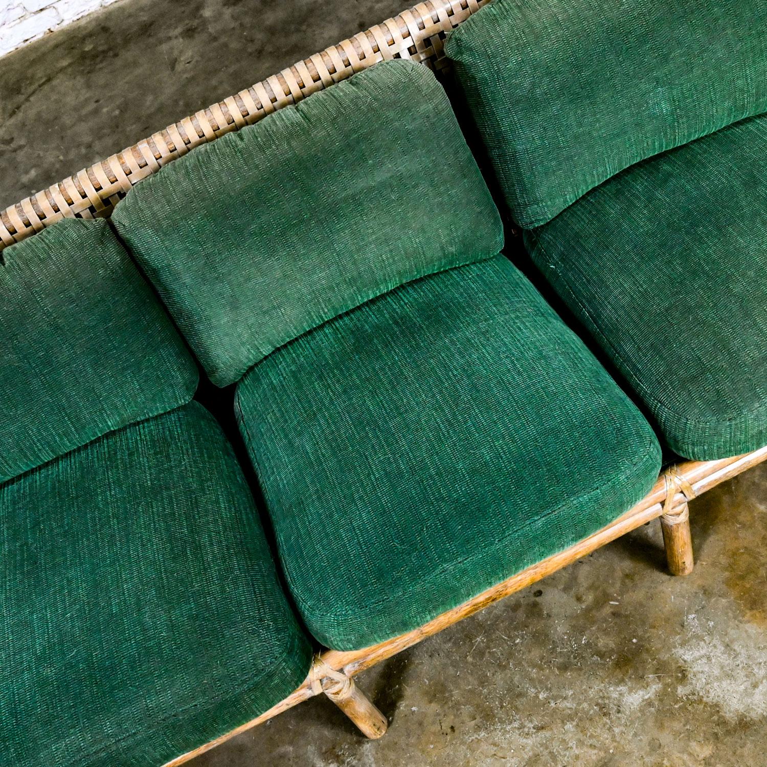 McGuire Late 20th Modern Rattan Woven Rawhide Green Chenille Cushion Sofa Settee For Sale 3