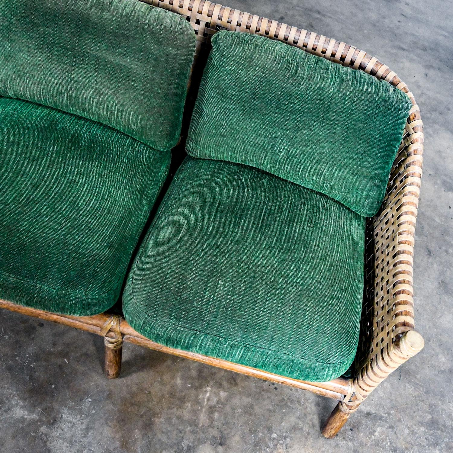 McGuire Late 20th Modern Rattan Woven Rawhide Green Chenille Cushion Sofa Settee For Sale 4
