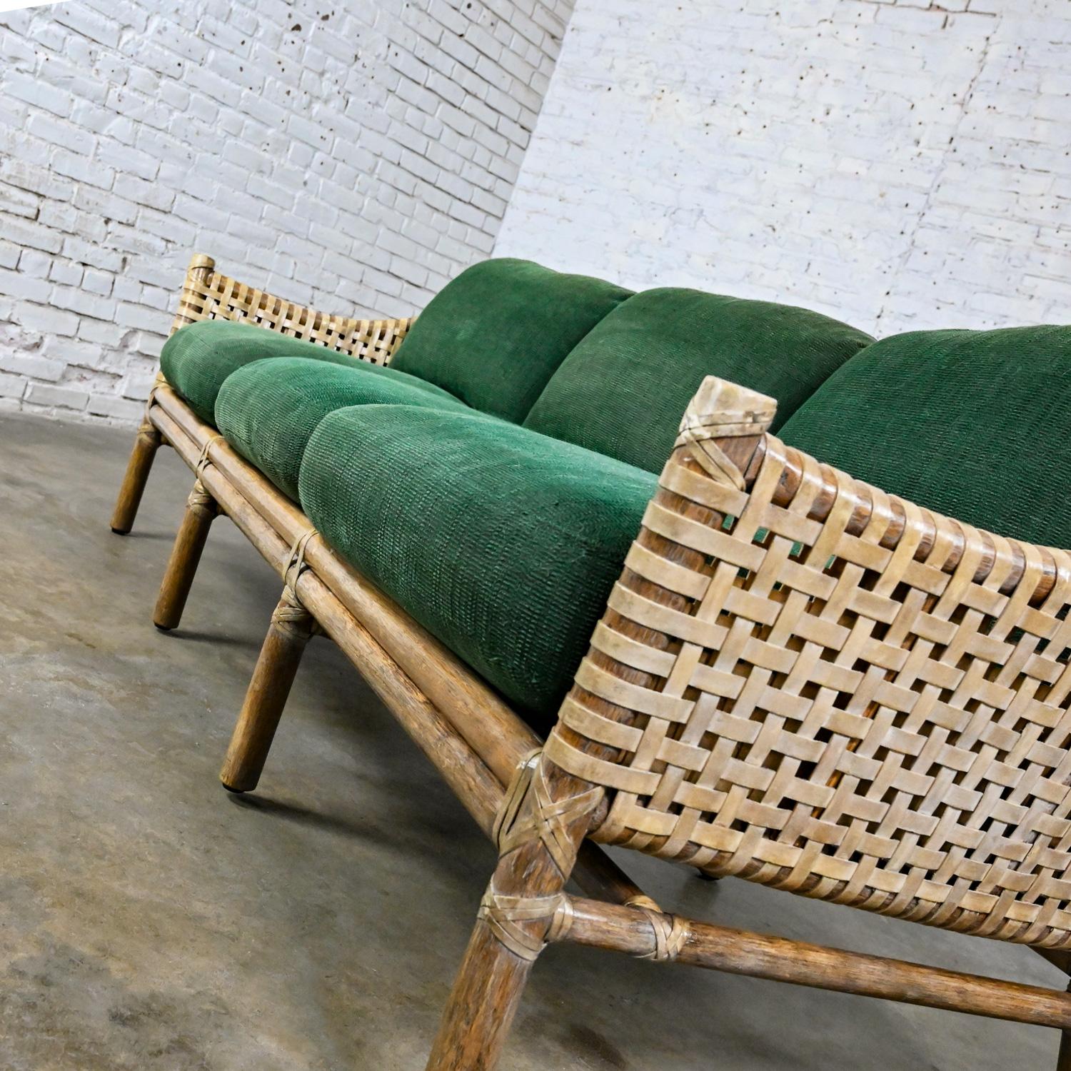 McGuire Late 20th Modern Rattan Woven Rawhide Green Chenille Cushion Sofa Settee For Sale 6