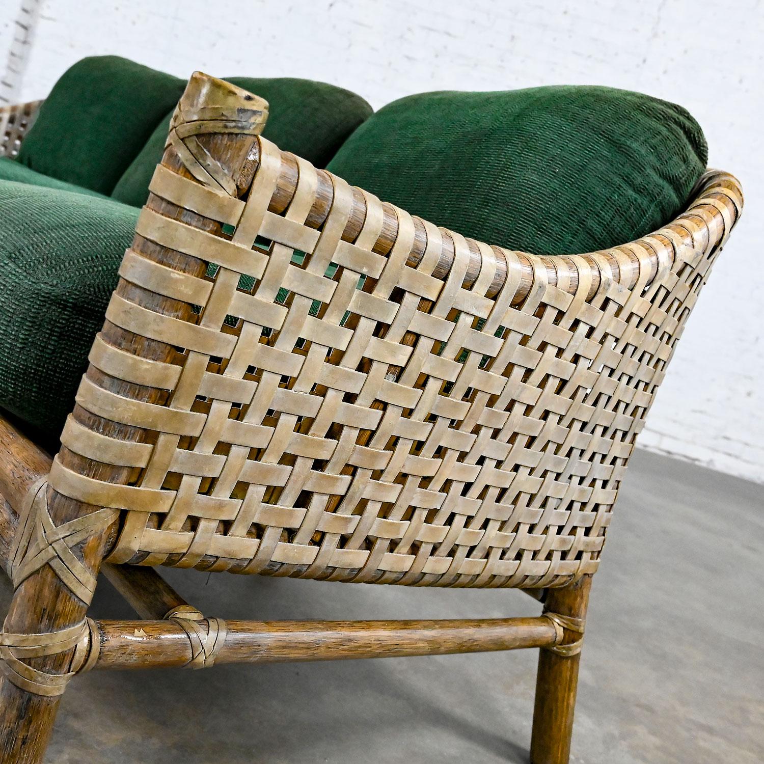 McGuire Late 20th Modern Rattan Woven Rawhide Green Chenille Cushion Sofa Settee For Sale 7