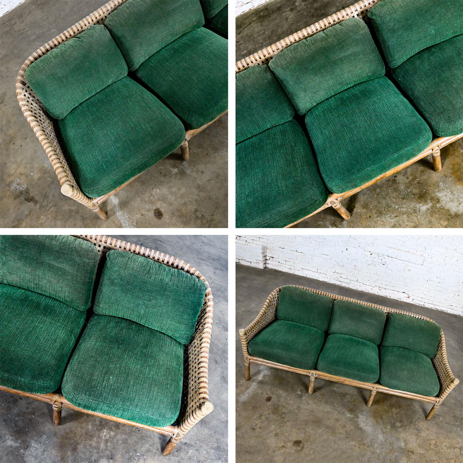 McGuire Late 20th Modern Rattan Woven Rawhide Green Chenille Cushion Sofa Settee For Sale 9
