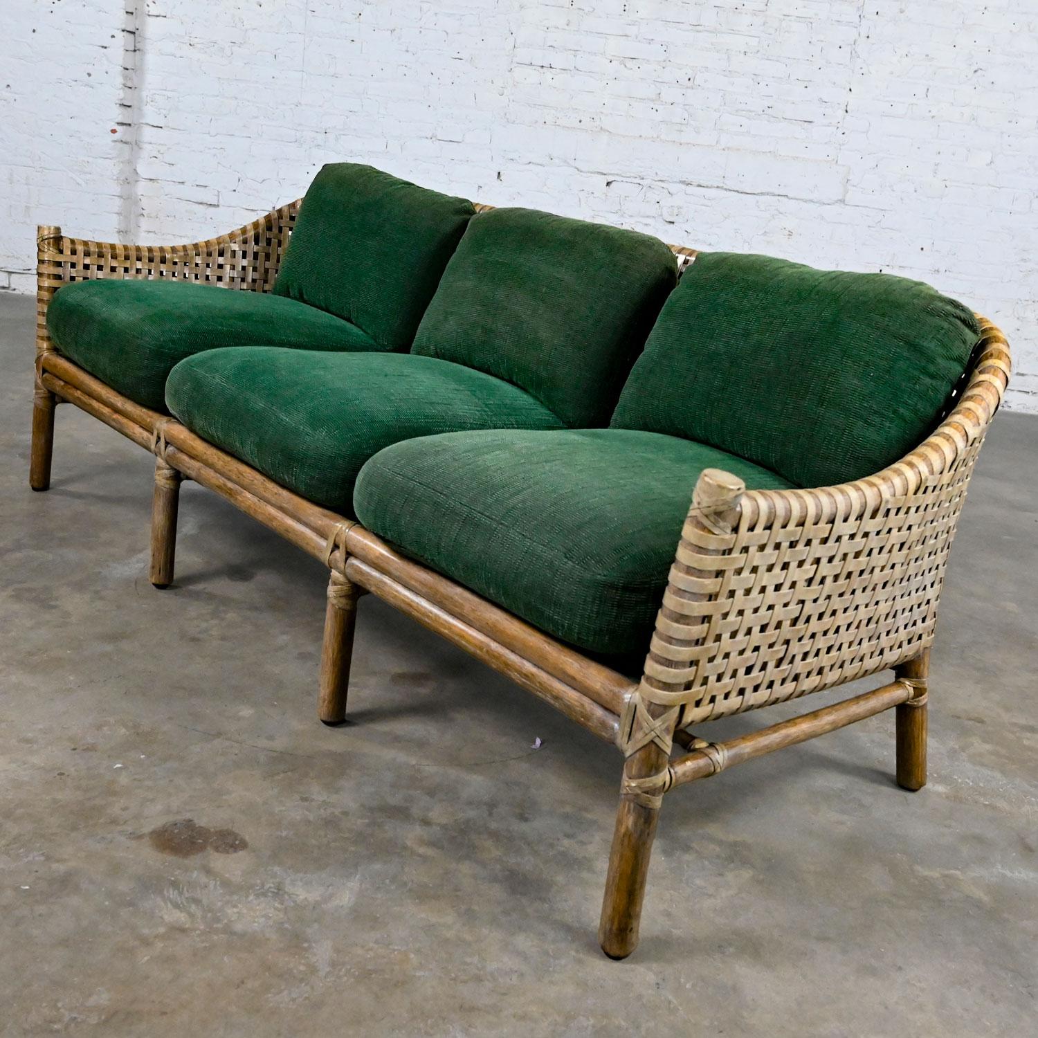 McGuire Late 20th Modern Rattan Woven Rawhide Green Chenille Cushion Sofa Settee For Sale 11