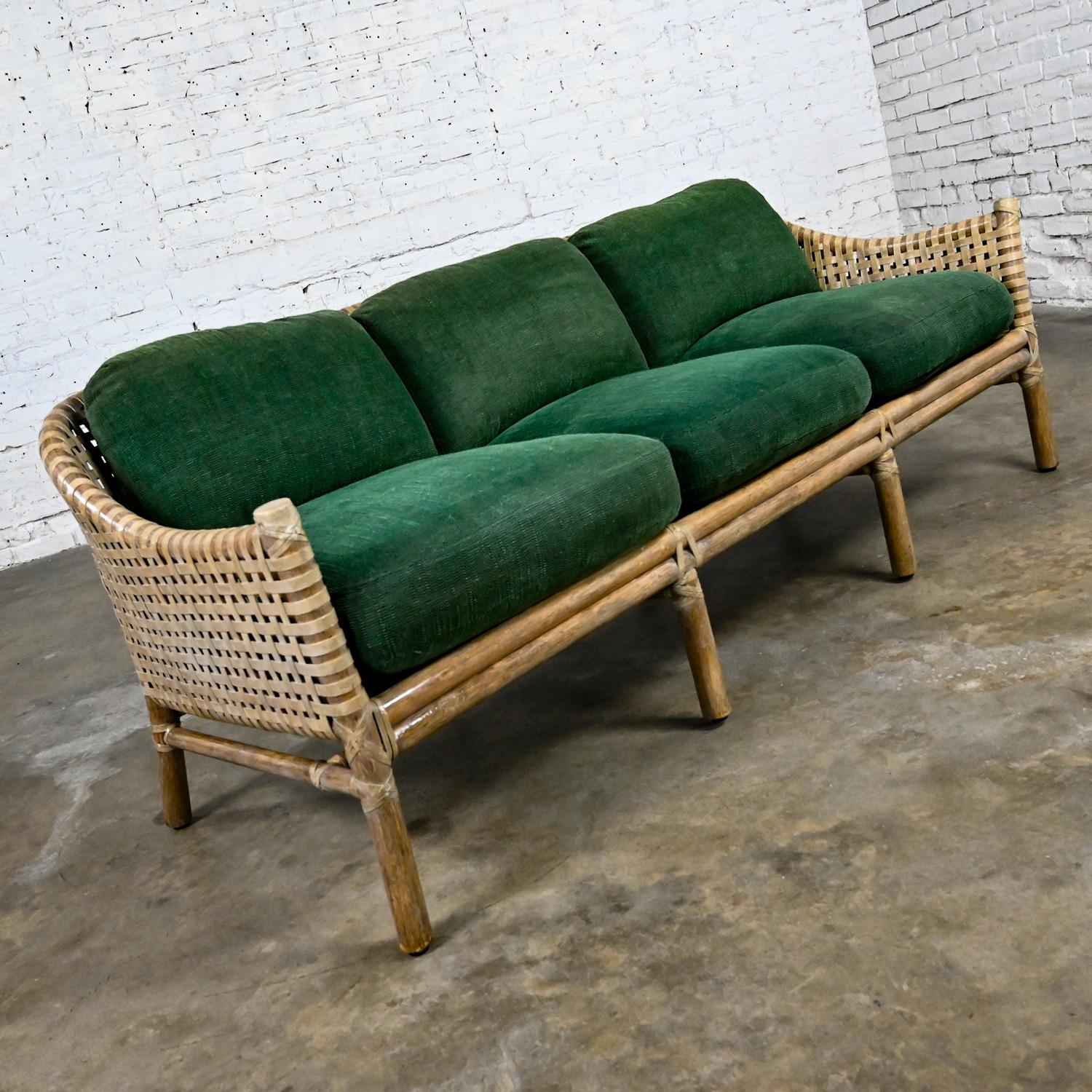 Philippine McGuire Late 20th Modern Rattan Woven Rawhide Green Chenille Cushion Sofa Settee For Sale