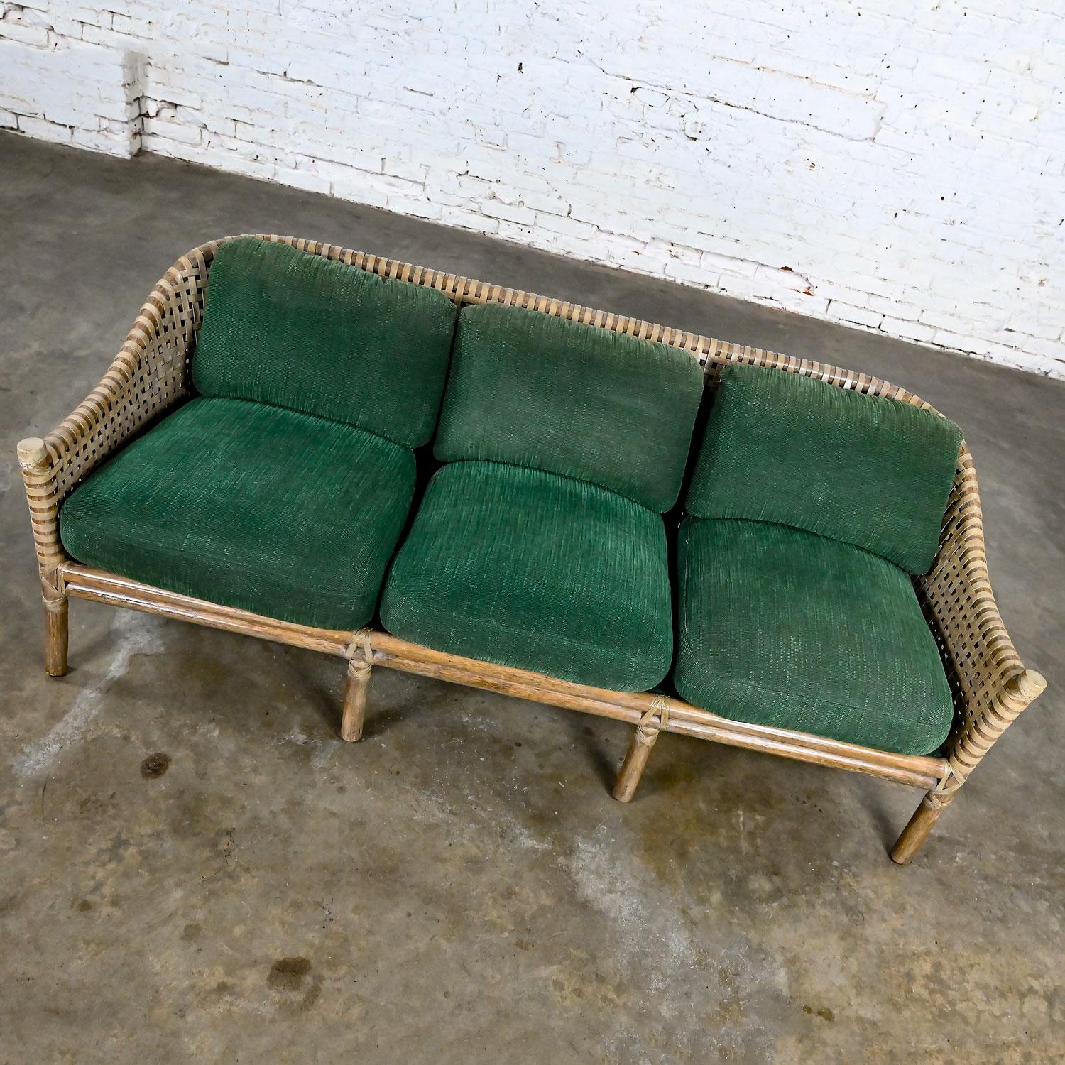 McGuire Late 20th Modern Rattan Woven Rawhide Green Chenille Cushion Sofa Settee In Good Condition For Sale In Topeka, KS