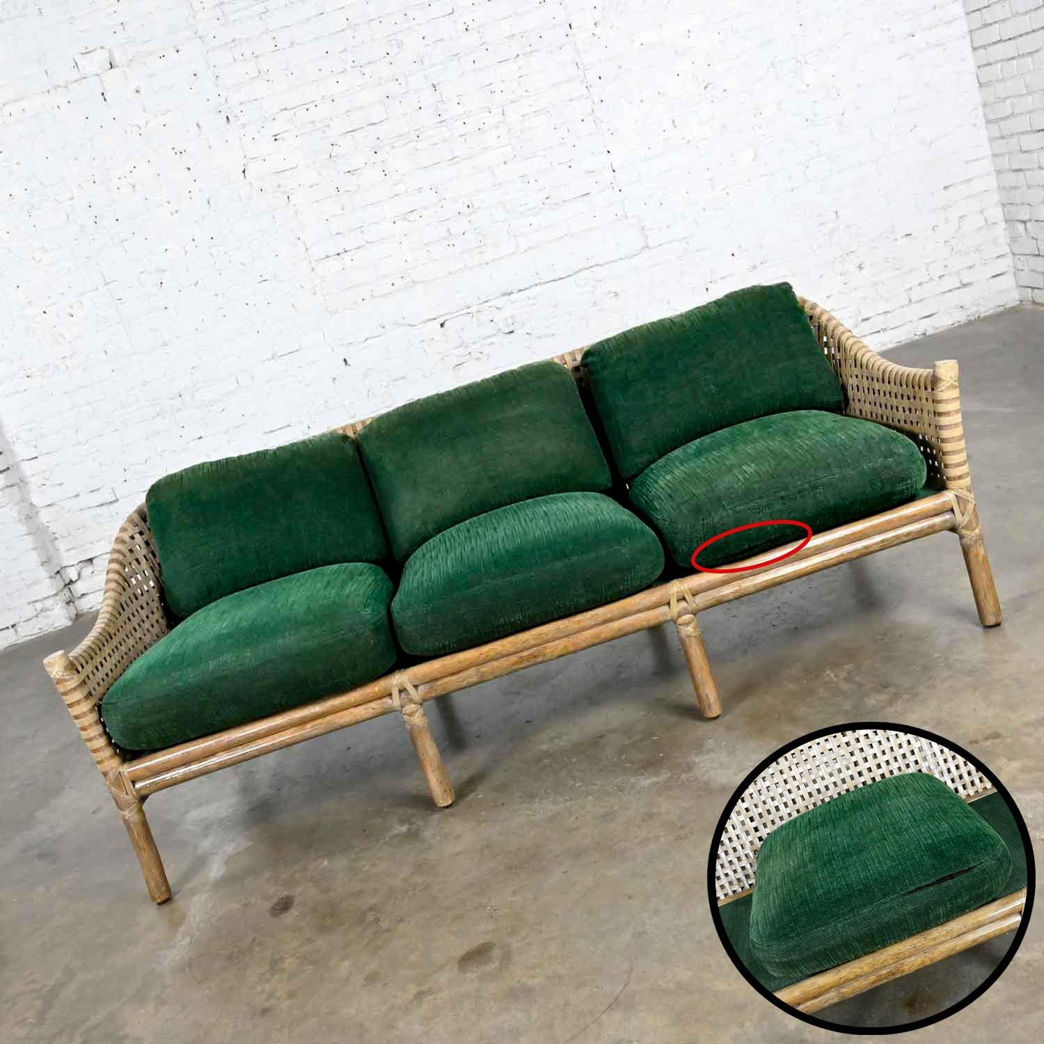 20th Century McGuire Late 20th Modern Rattan Woven Rawhide Green Chenille Cushion Sofa Settee For Sale