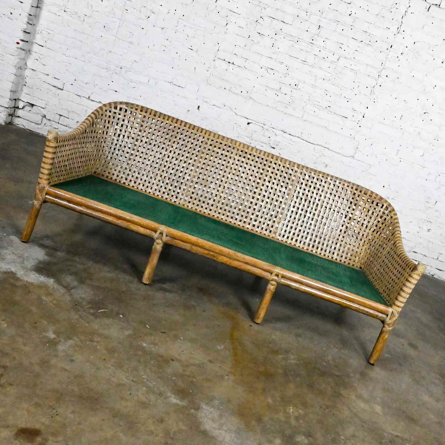 Leather McGuire Late 20th Modern Rattan Woven Rawhide Green Chenille Cushion Sofa Settee For Sale