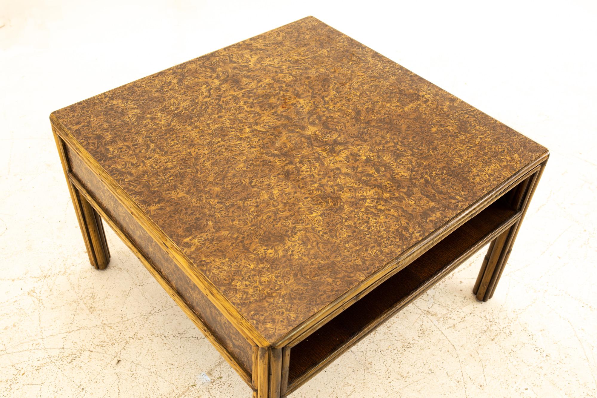 McGuire Mid Century Bamboo & Burled Laminate Side End Table In Good Condition For Sale In Countryside, IL