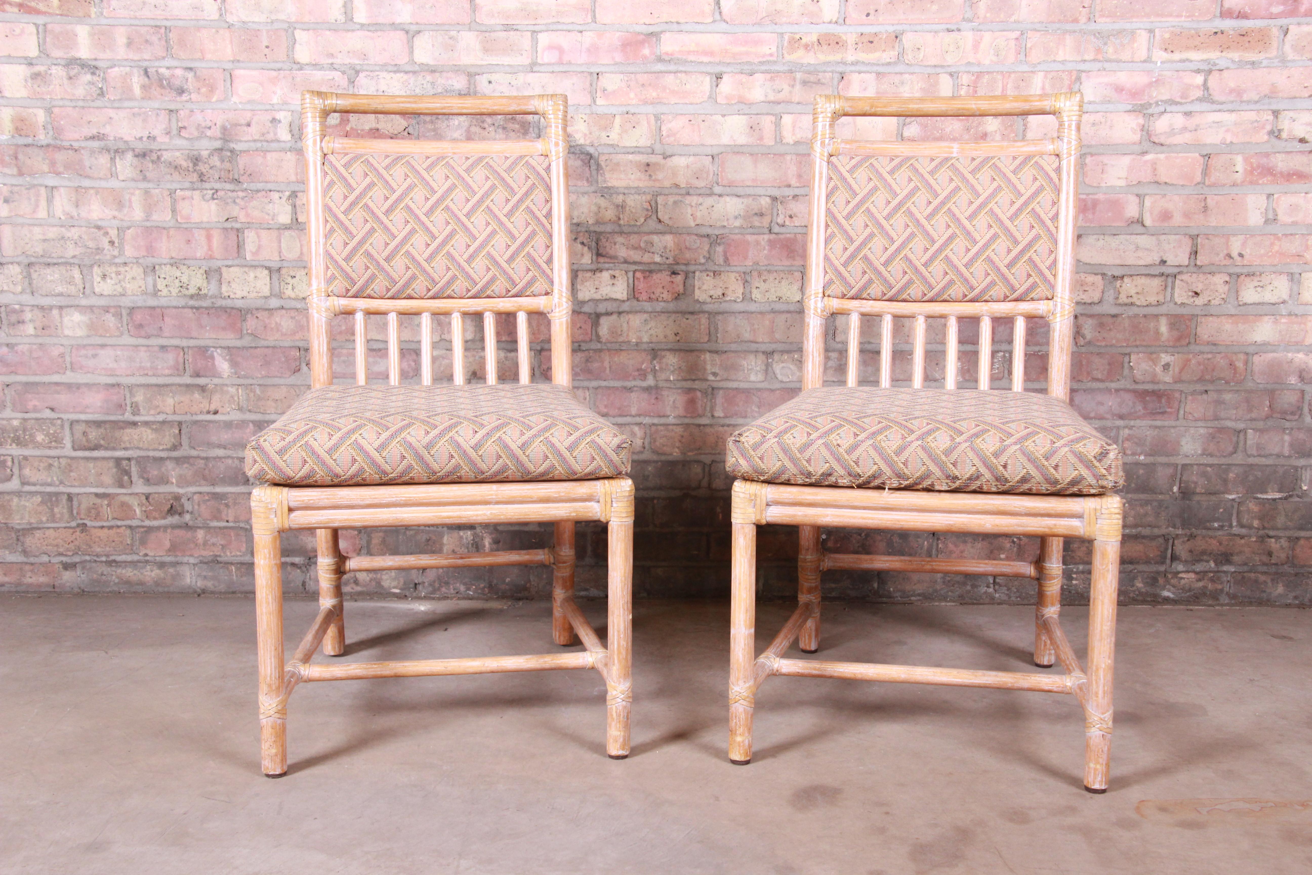 Upholstery McGuire Midcentury Hollywood Regency Bamboo Rattan Dining Chairs, Set of Four