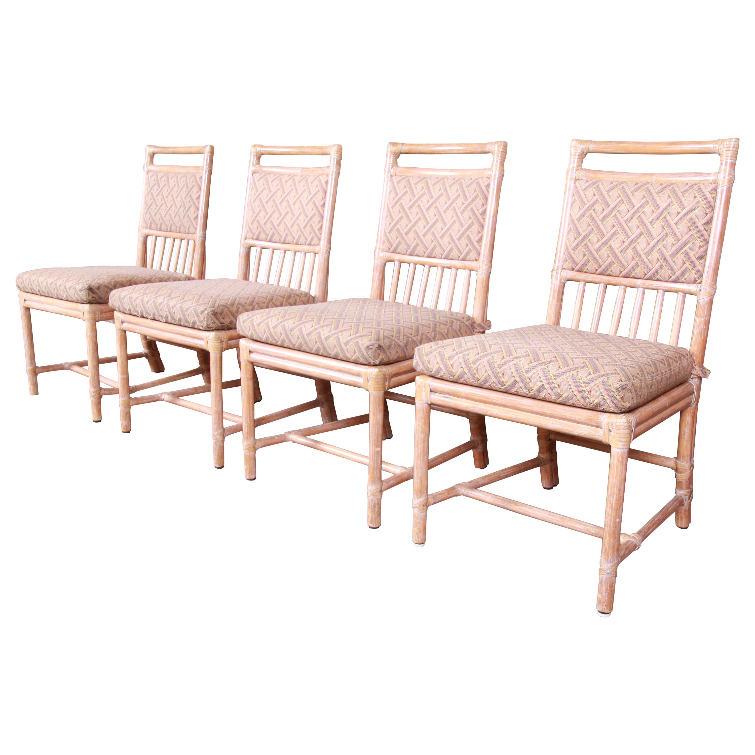 McGuire Midcentury Hollywood Regency Bamboo Rattan Dining Chairs, Set of Four