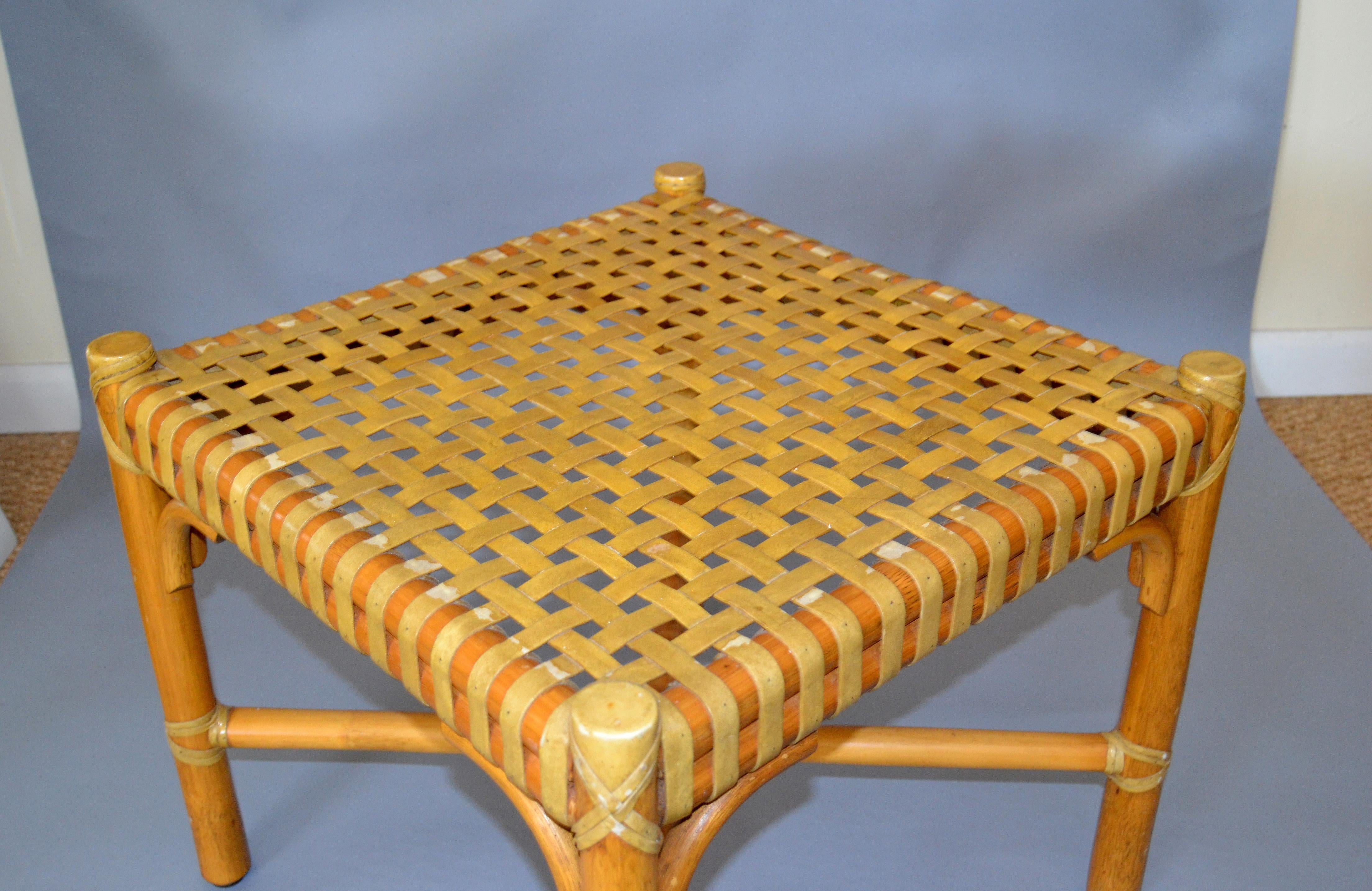 Hand-Crafted McGuire Mid-Century Modern Bamboo and Handwoven Leather Top Side Table Stool For Sale