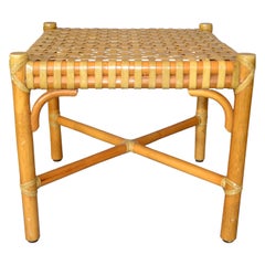 Vintage McGuire Mid-Century Modern Bamboo and Handwoven Leather Top Side Table, Stool