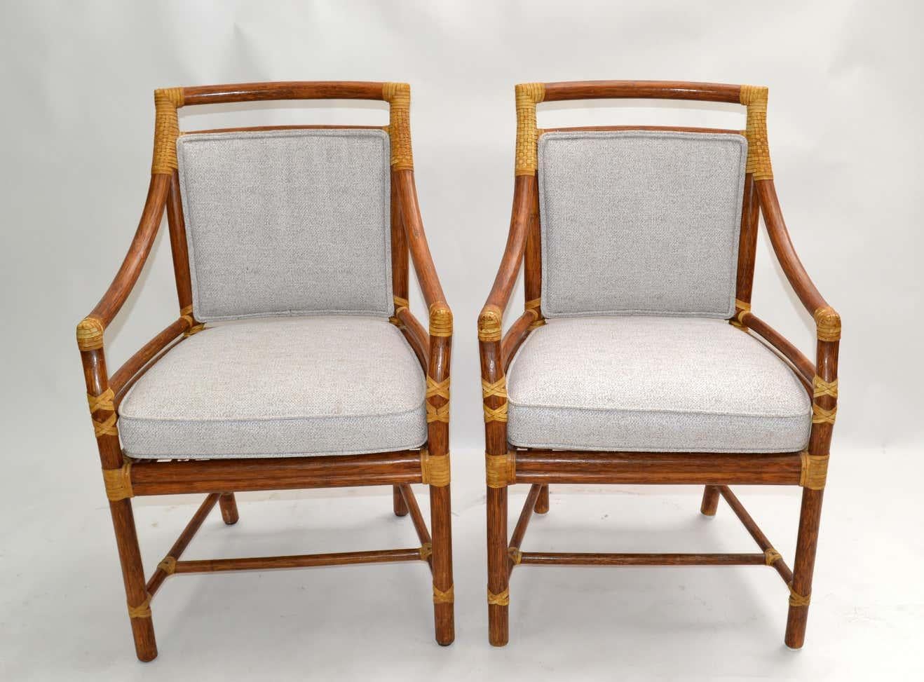 American McGuire Mid-Century Modern Bamboo & Cane Armchair Dining Chair Leather, Pair